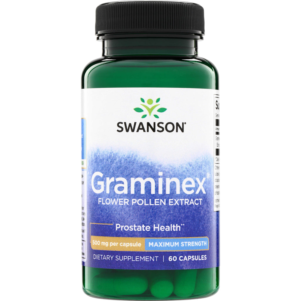 SWU332 | Swanson Graminex Flower Pollen Extract bottle, Prostate Health, 500 mg per capsule, Maximum Strength, 60 capsules - Thumbnail
