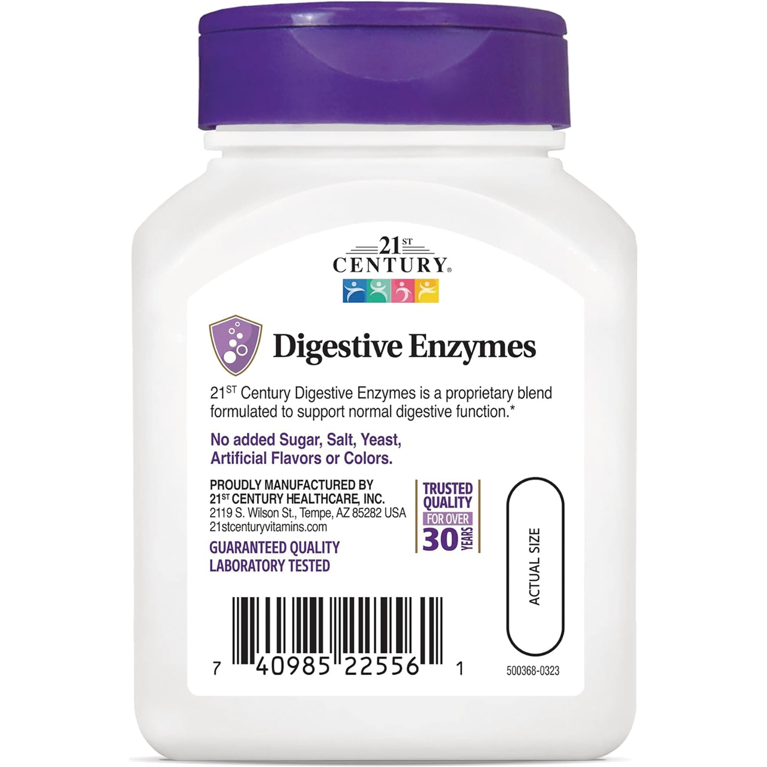CNT048 | 21st Century Digestive Enzymes supplement bottle label with benefits text, barcode, and actual size oval