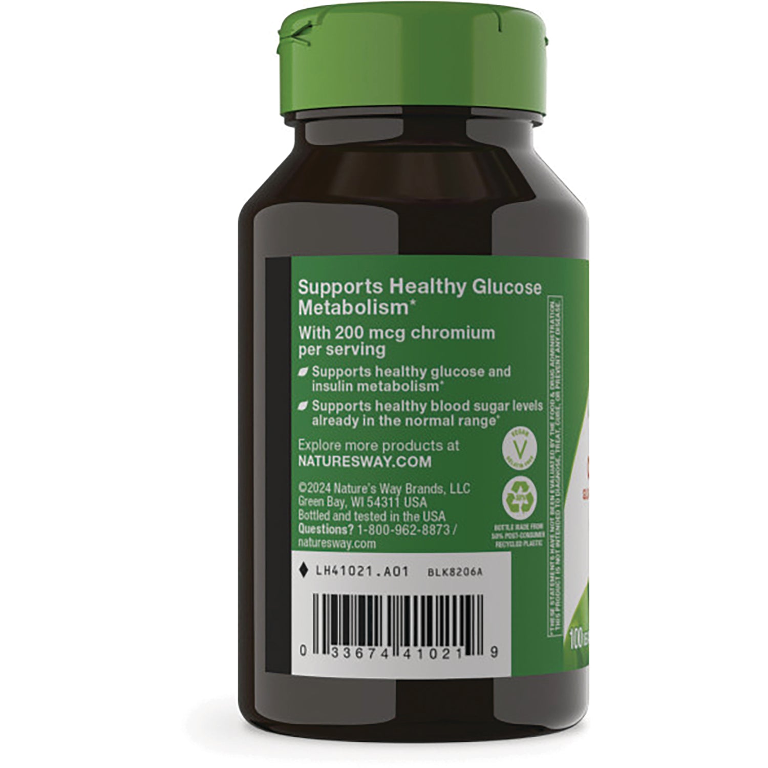 NW355 | Back of brown supplement bottle with green label reading Supports Healthy Glucose Metabolism and barcode