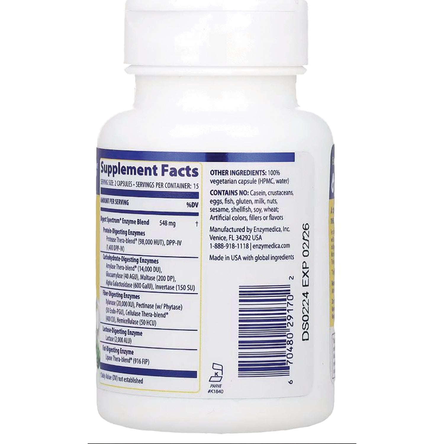 EMD030 | Back label showing Supplement Facts panel, ingredient warnings and barcode on white supplement bottle