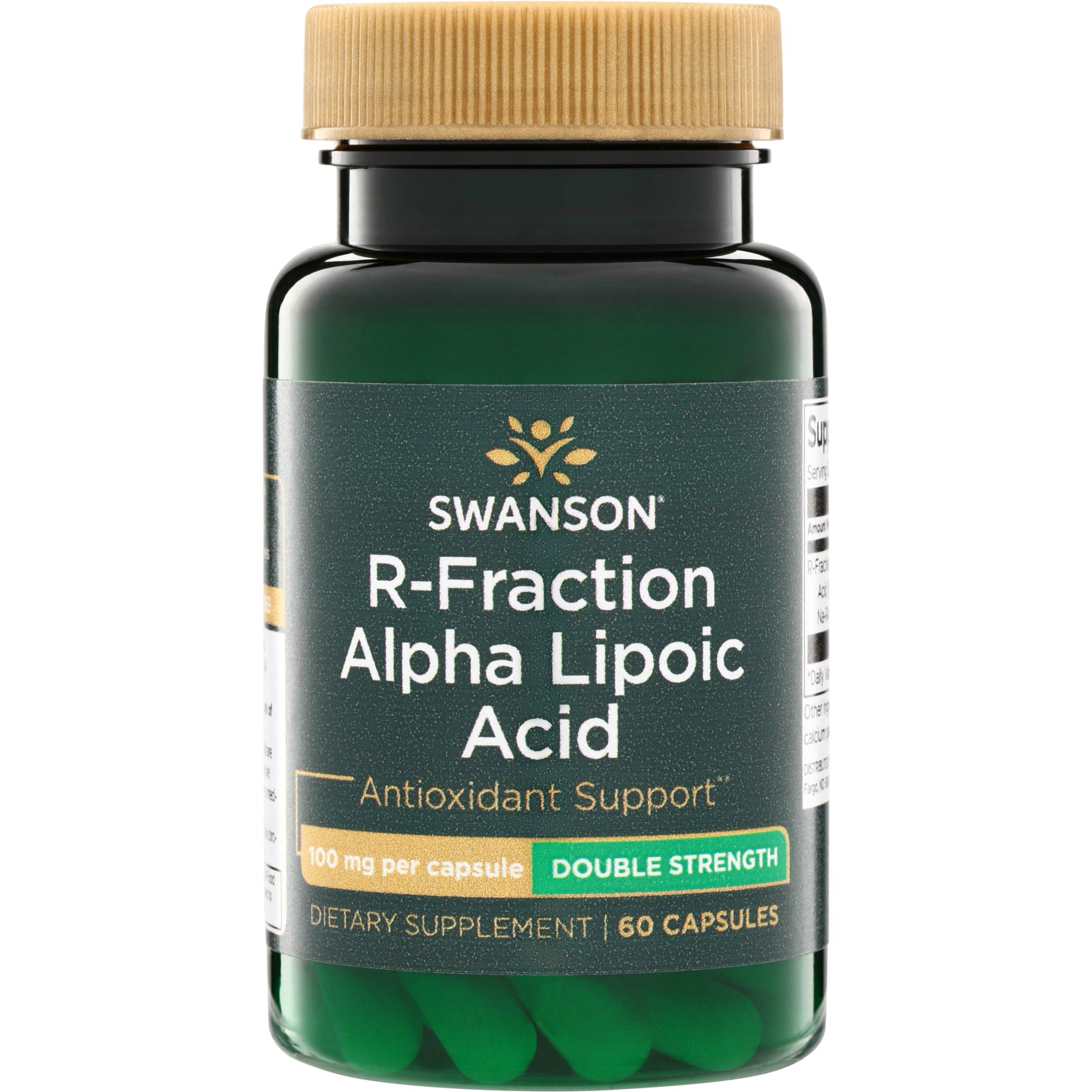 SWU250 | Swanson R-Fraction Alpha Lipoic Acid supplement bottle, 100 mg per capsule, 60 capsules, double strength