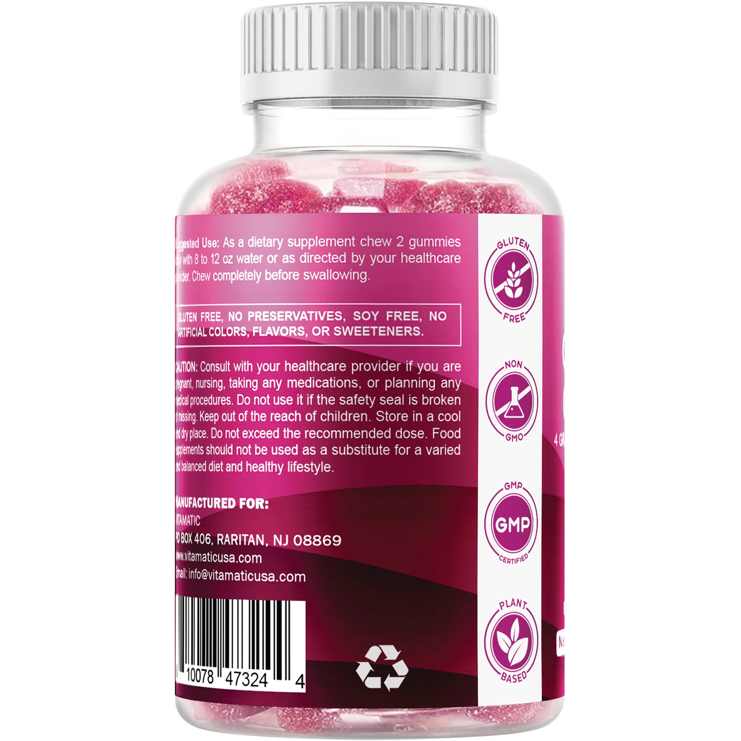 VAM017 | Back of pink gummy vitamin bottle with directions and icons: Gluten Free, Non-GMO, GMP Certified, Plant Based