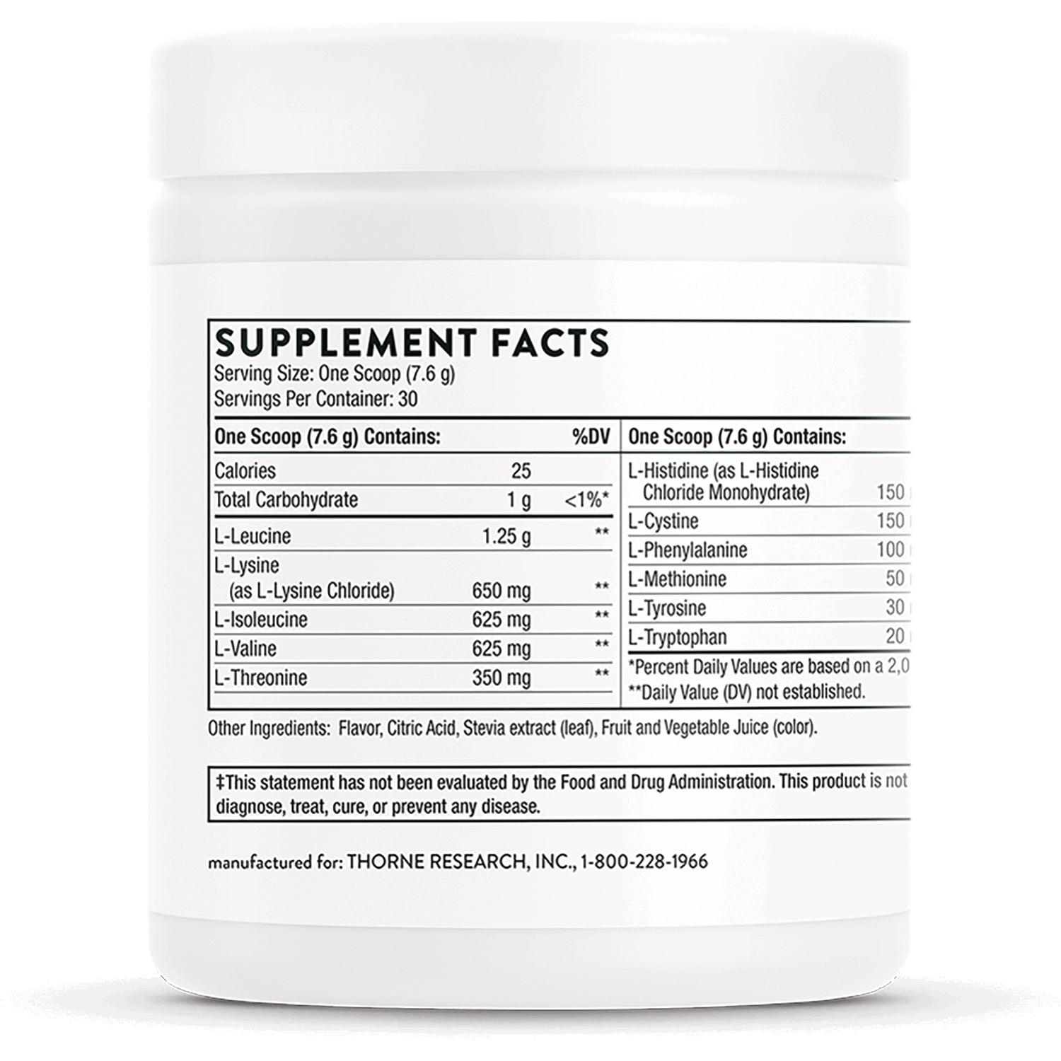 TRN004 | Supplement Facts panel for amino acid powder; One Scoop (7.6 g) contains LLeucine 1.25 g