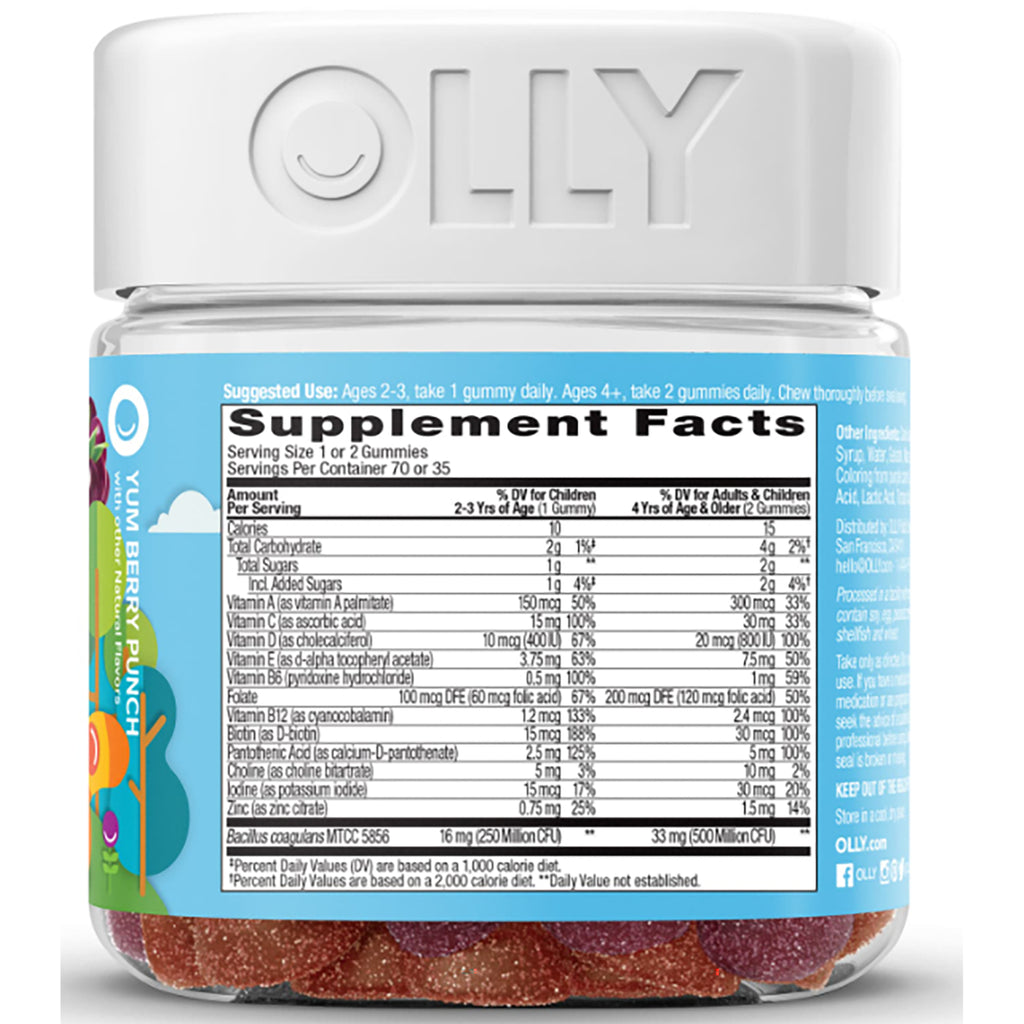 OLY001 | Back of gummy supplement jar showing Supplement Facts label and blue Yum Berry Punch side panel - Thumbnail