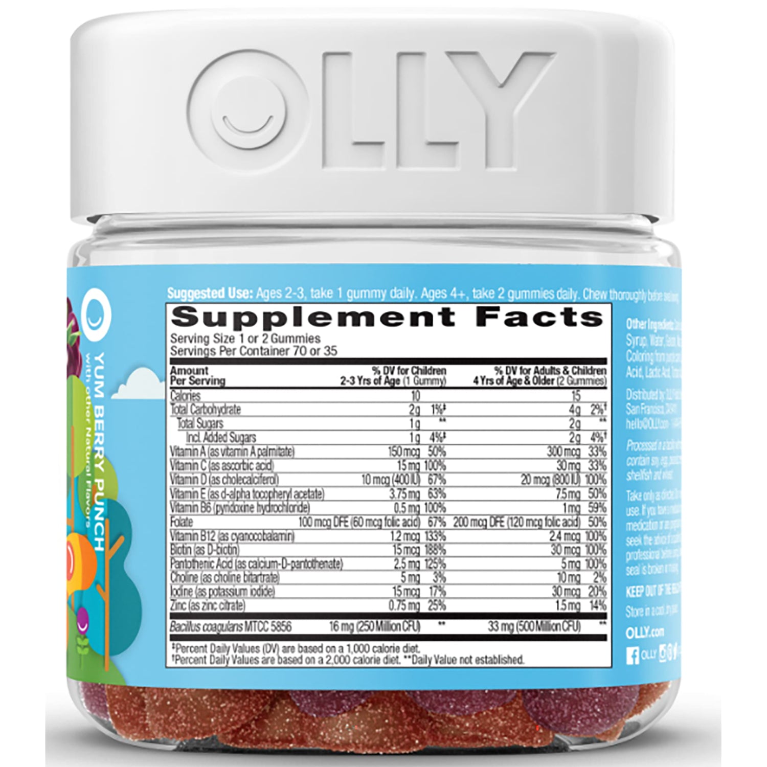 OLY001 | Back of gummy supplement jar showing Supplement Facts label and blue Yum Berry Punch side panel