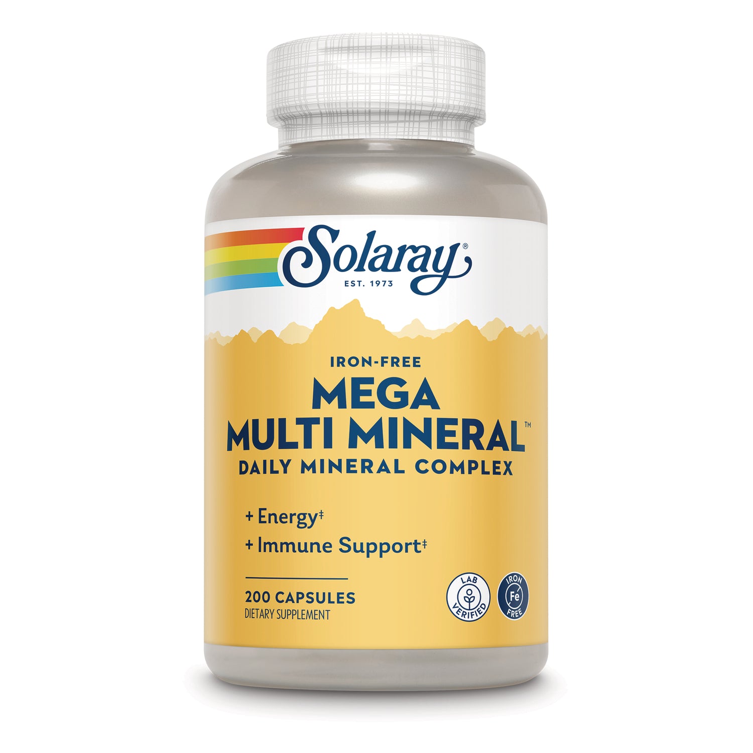 SLR279 | Solaray Mega Multi Mineral iron-free daily mineral complex, 200-capsule bottle with yellow label