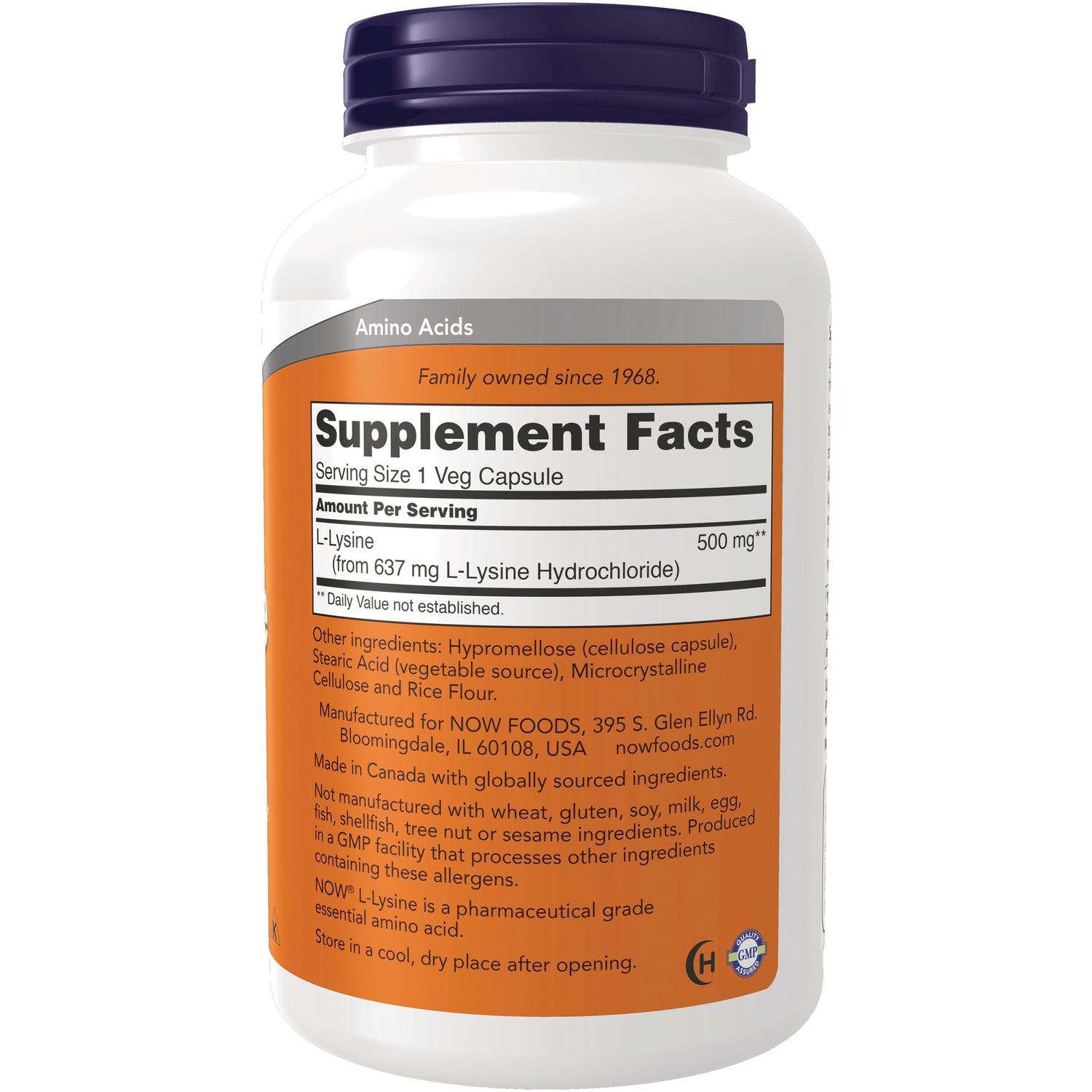 NWF685 | Bottle back label with Supplement Facts showing L-Lysine 500 mg serving size 1 veg capsule and ingredients