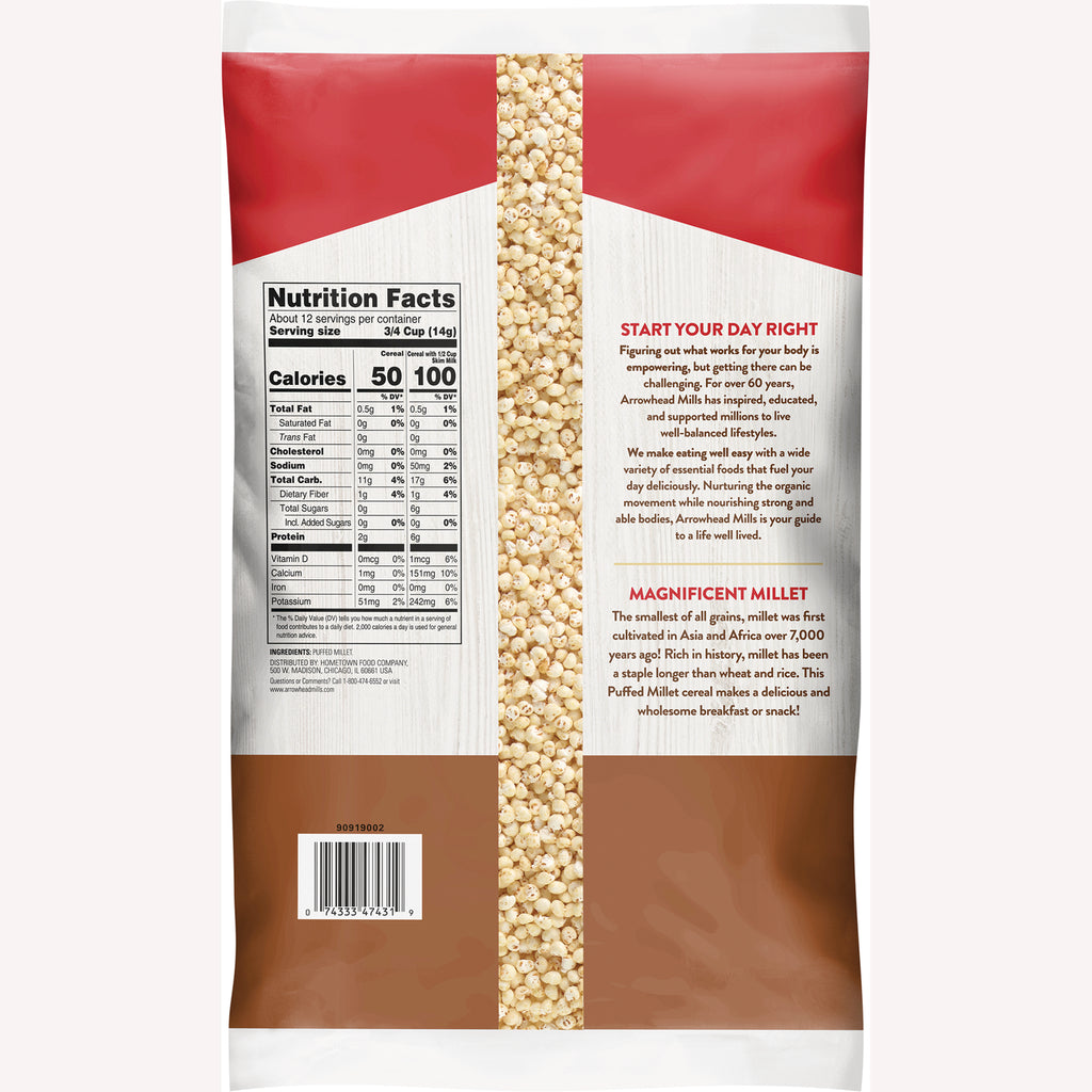 AHM027 | Back of Arrowhead Mills Puffed Millet cereal bag with Nutrition Facts and product story - Thumbnail