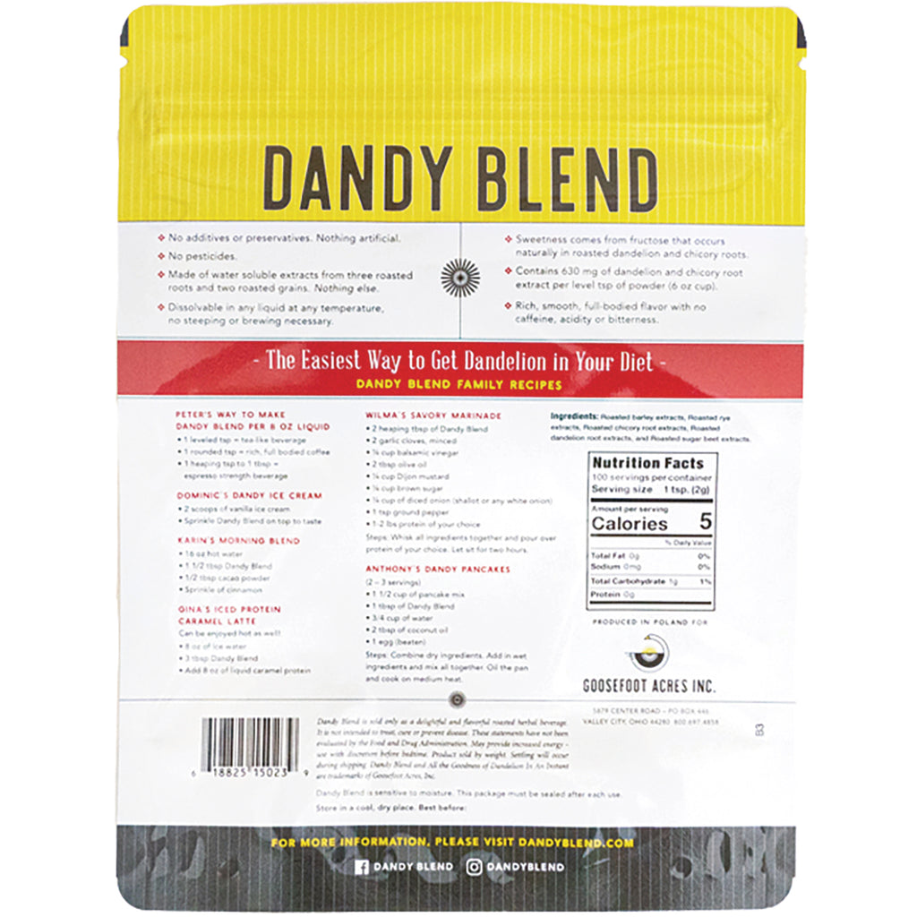 DDY001 | Back of Dandy Blend pouch showing brand name DANDY BLEND, nutrition facts, recipes, barcode and company logo - Thumbnail