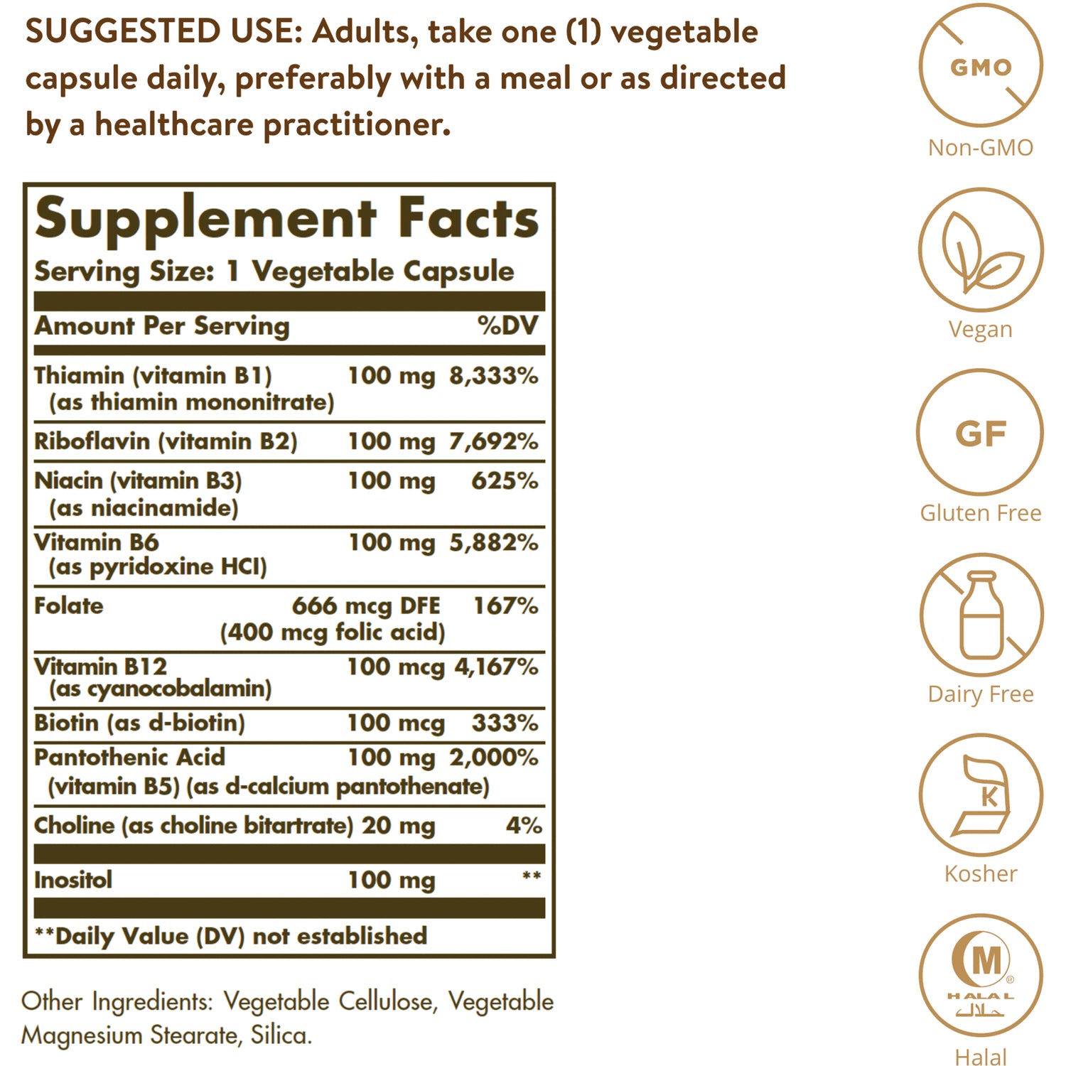 SLG210 | supplement facts panel showing serving size 1 vegetable capsule, B vitamins, other ingredients and certification icons