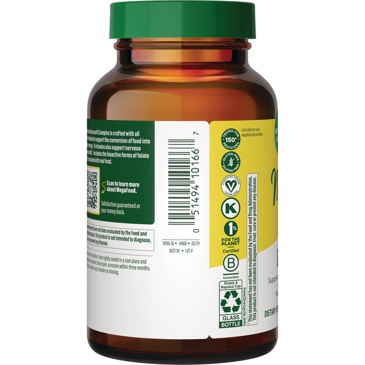 MGF003 | Back label of amber supplement bottle showing barcode, certification icons, and green cap