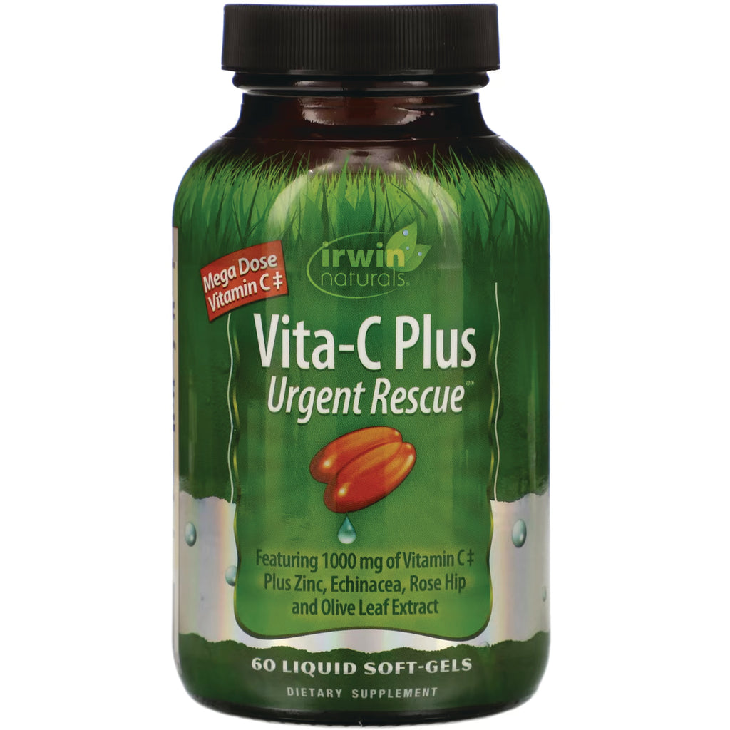 IR192 | Irwin Naturals Vita-C Plus Urgent Rescue green bottle, 60 liquid soft-gels label showing 1000 mg vitamin C, zinc, echinacea - Thumbnail