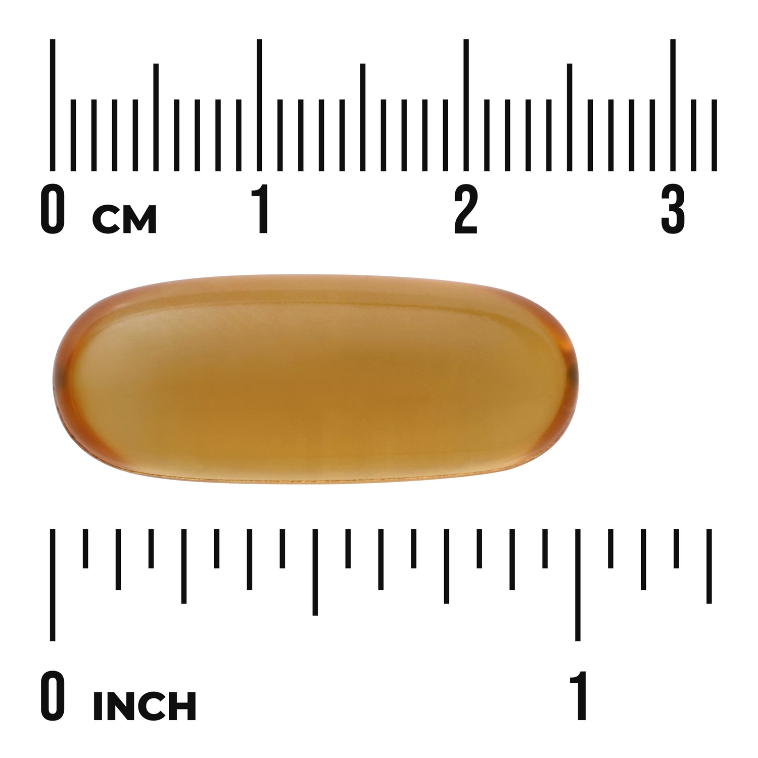 SWE086 | Amber softgel capsule with size scale showing 03 cm and 01 inch