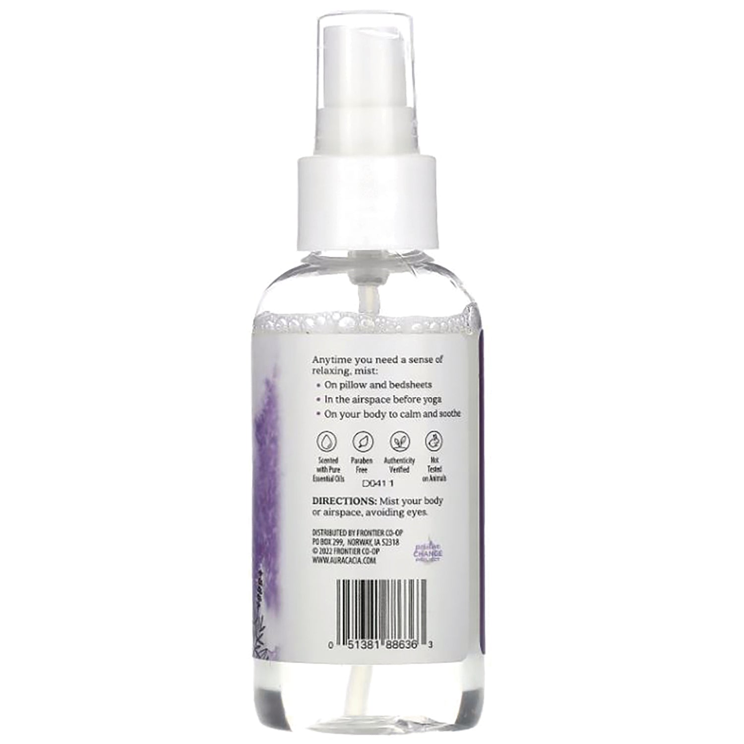 ARC052 | Back of clear spray bottle with pump showing directions, icons and barcode with lavender side design