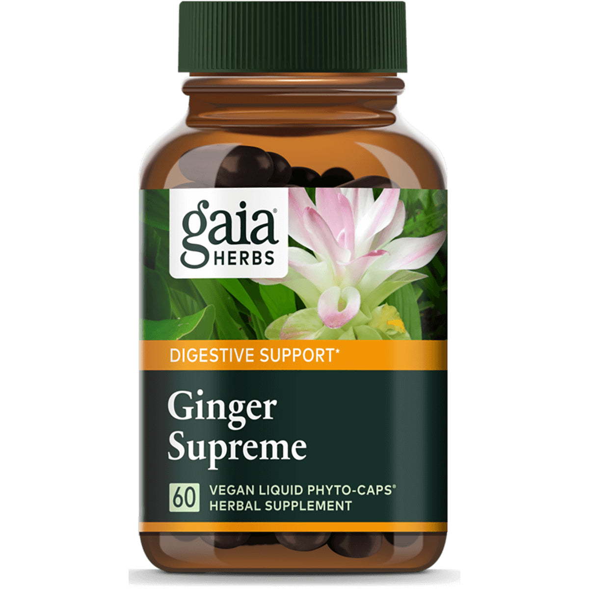 GH090 | Gaia Herbs Ginger Supreme bottle front label showing Digestive Support and 60 vegan liquid phyto-caps