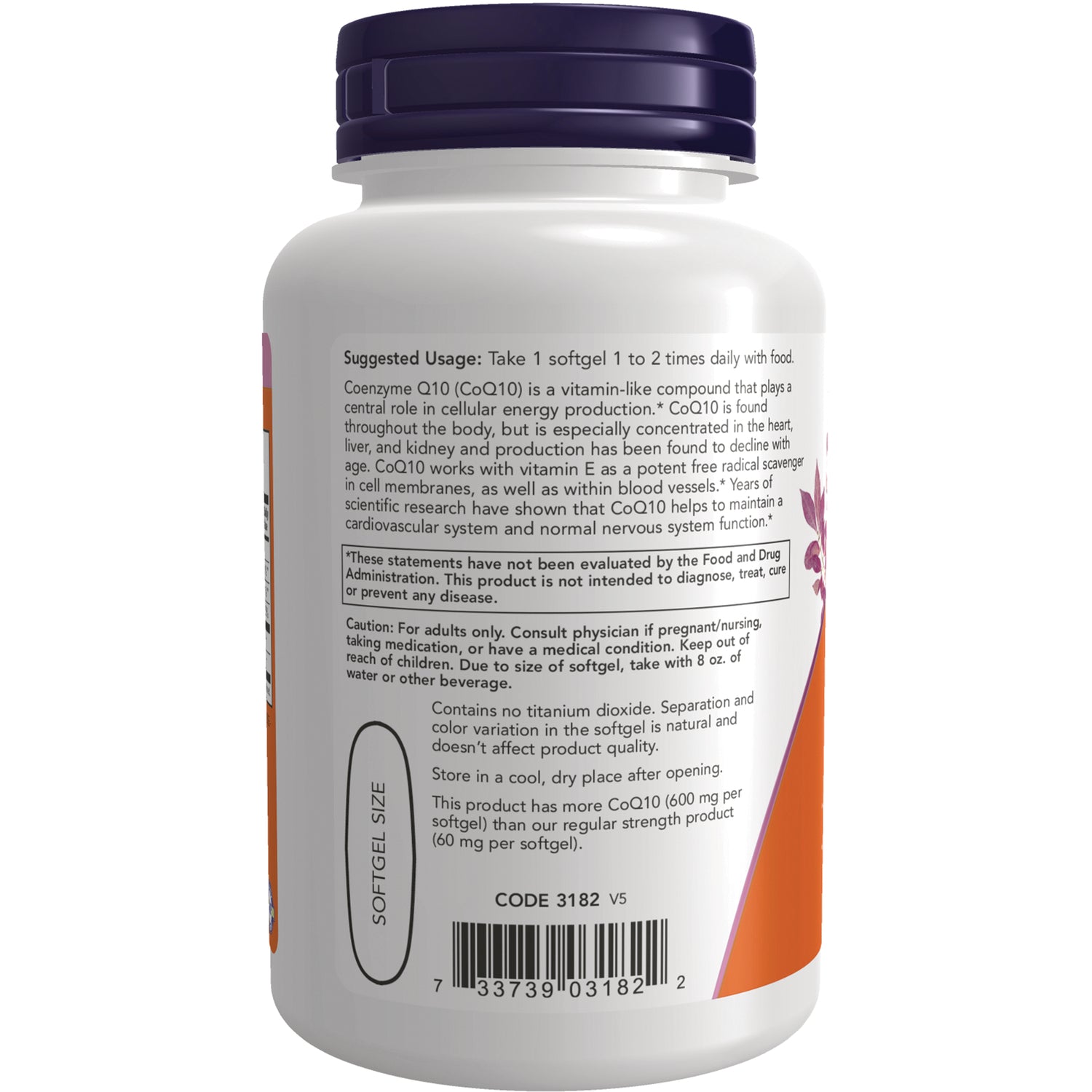 NWF171 | Back label of white supplement bottle showing suggested usage, warnings, barcode and softgel size