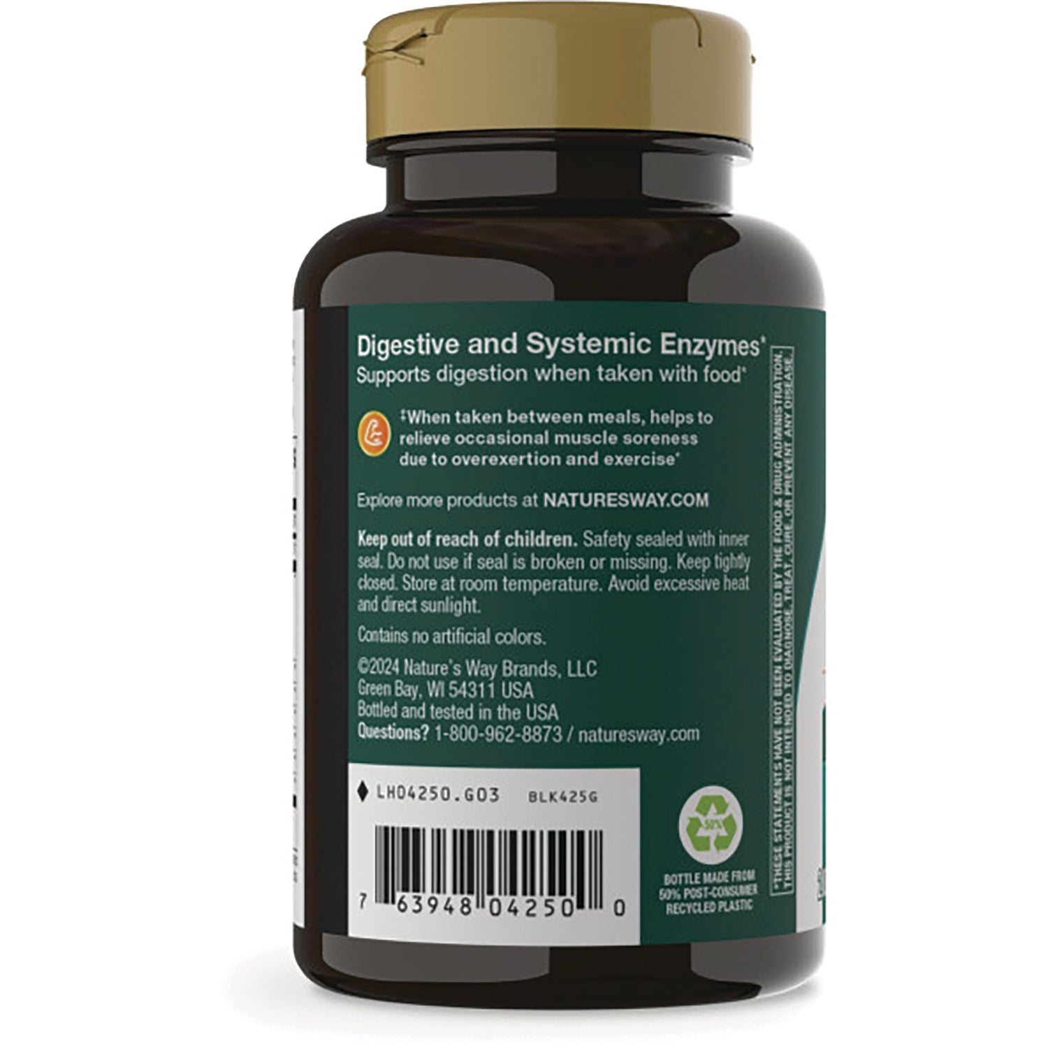 ET255 | Back label of bottle reading Digestive and Systemic Enzymes, showing usage directions, warnings, and barcode