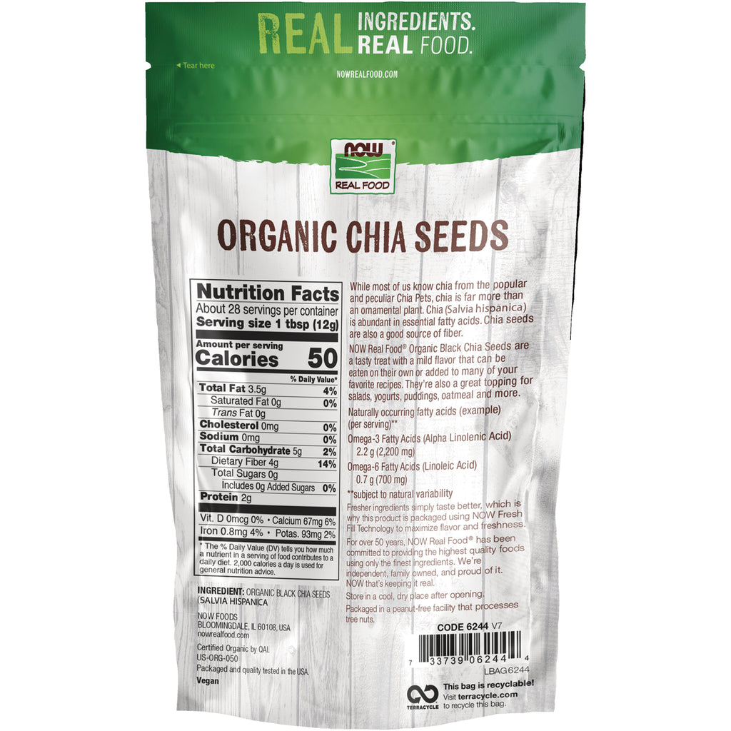 NWF1196 | Back of NOW Real Food organic chia seeds pouch showing Nutrition Facts panel, ingredient text and barcode - Thumbnail