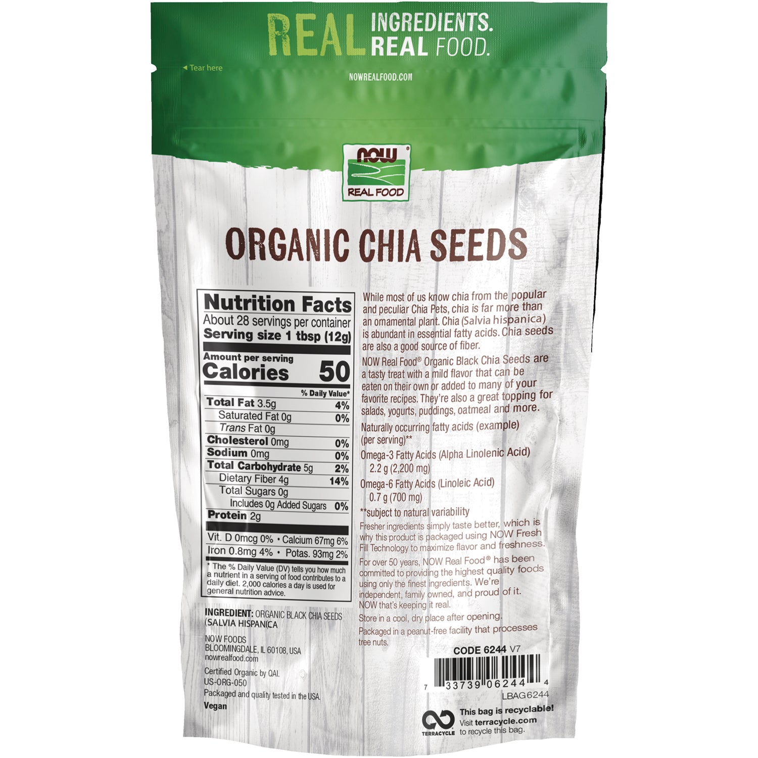 NWF1196 | Back of NOW Real Food organic chia seeds pouch showing Nutrition Facts panel, ingredient text and barcode