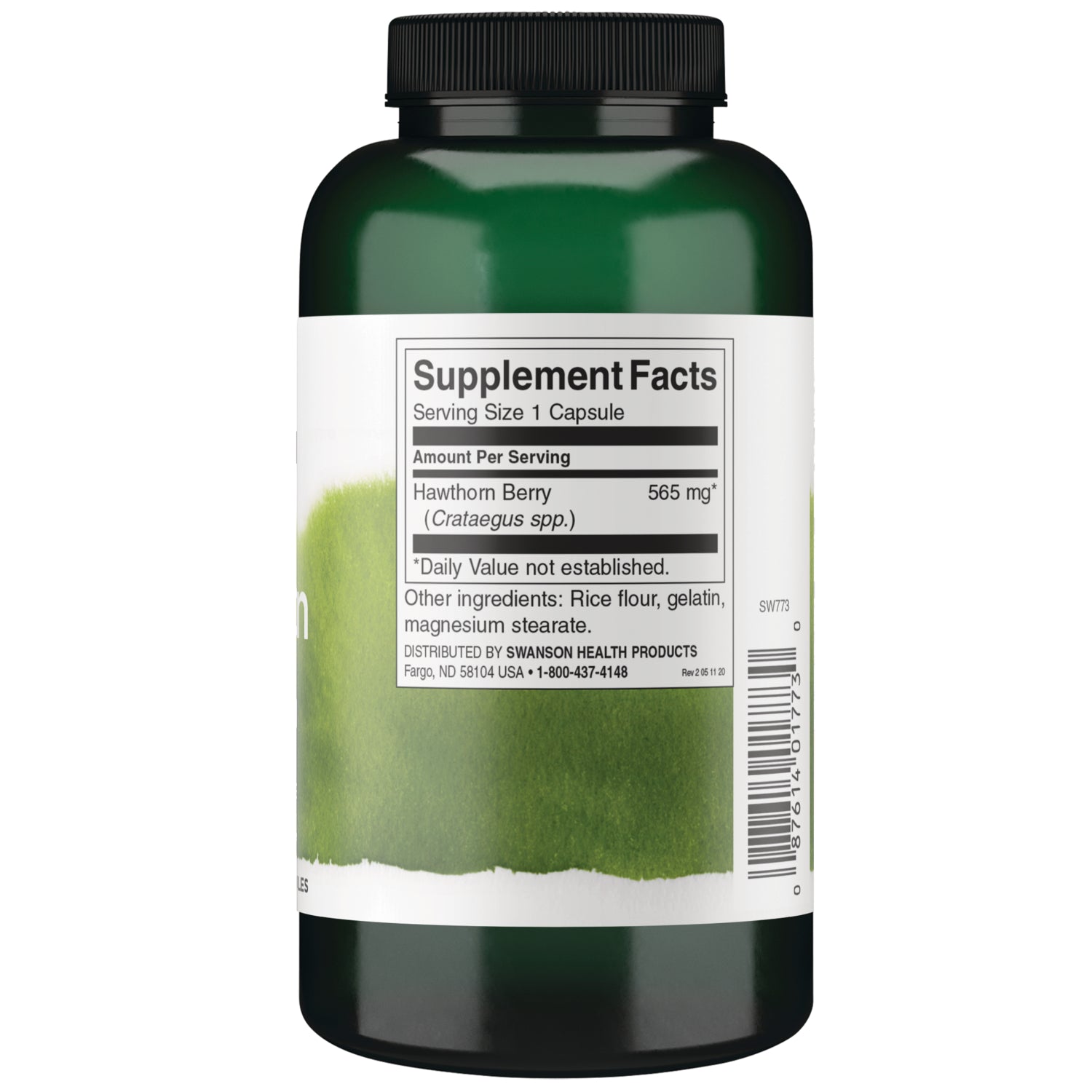 SW773 | Back label showing Supplement Facts for Hawthorn Berry 565 mg, other ingredients, and barcode