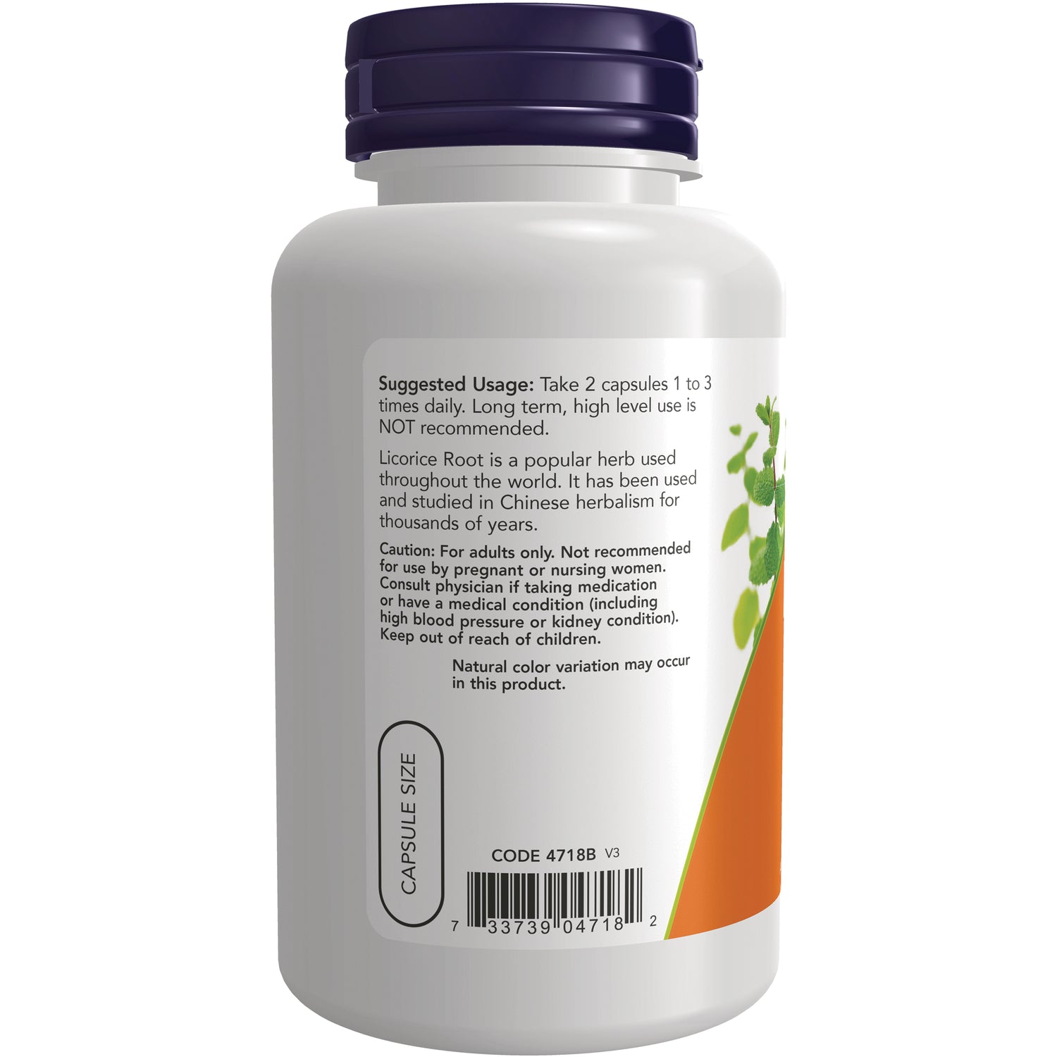 NWF554 | Back of white supplement bottle showing suggested usage and caution text, capsule size oval and barcode