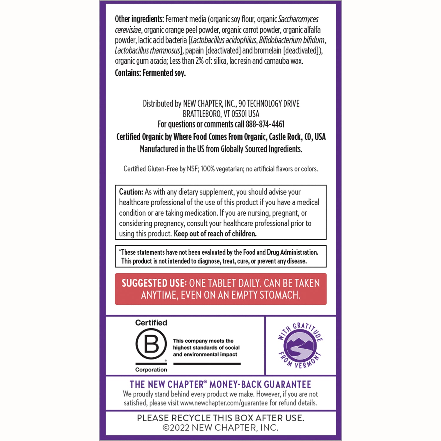 NWC298 | back label showing ingredients, caution box, suggested use, and certification logos