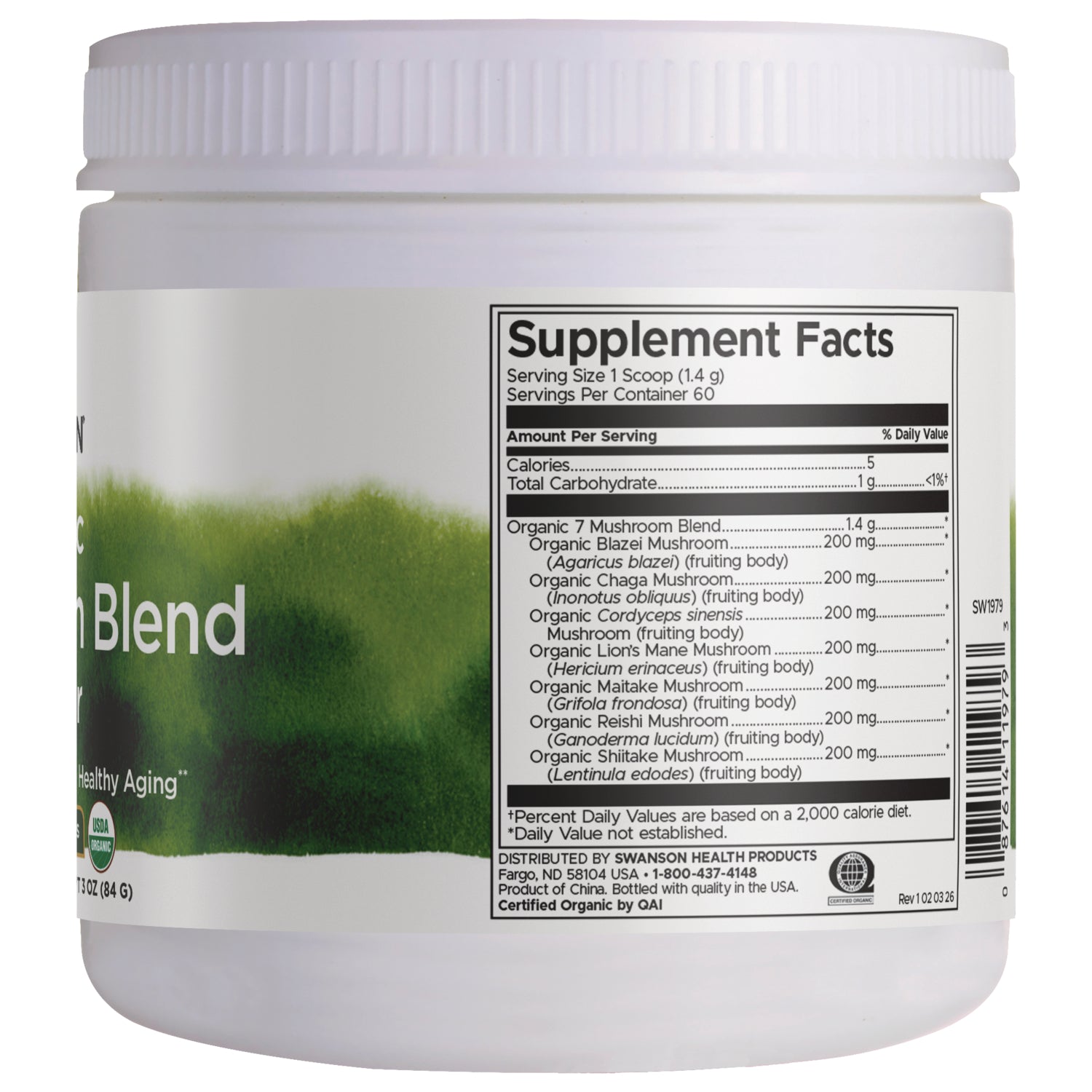 SW1979 | Supplement Facts: 1 scoop (1.4 g), 60 servings, Organic 7 Mushroom Blend (seven 200 mg mushrooms), warnings