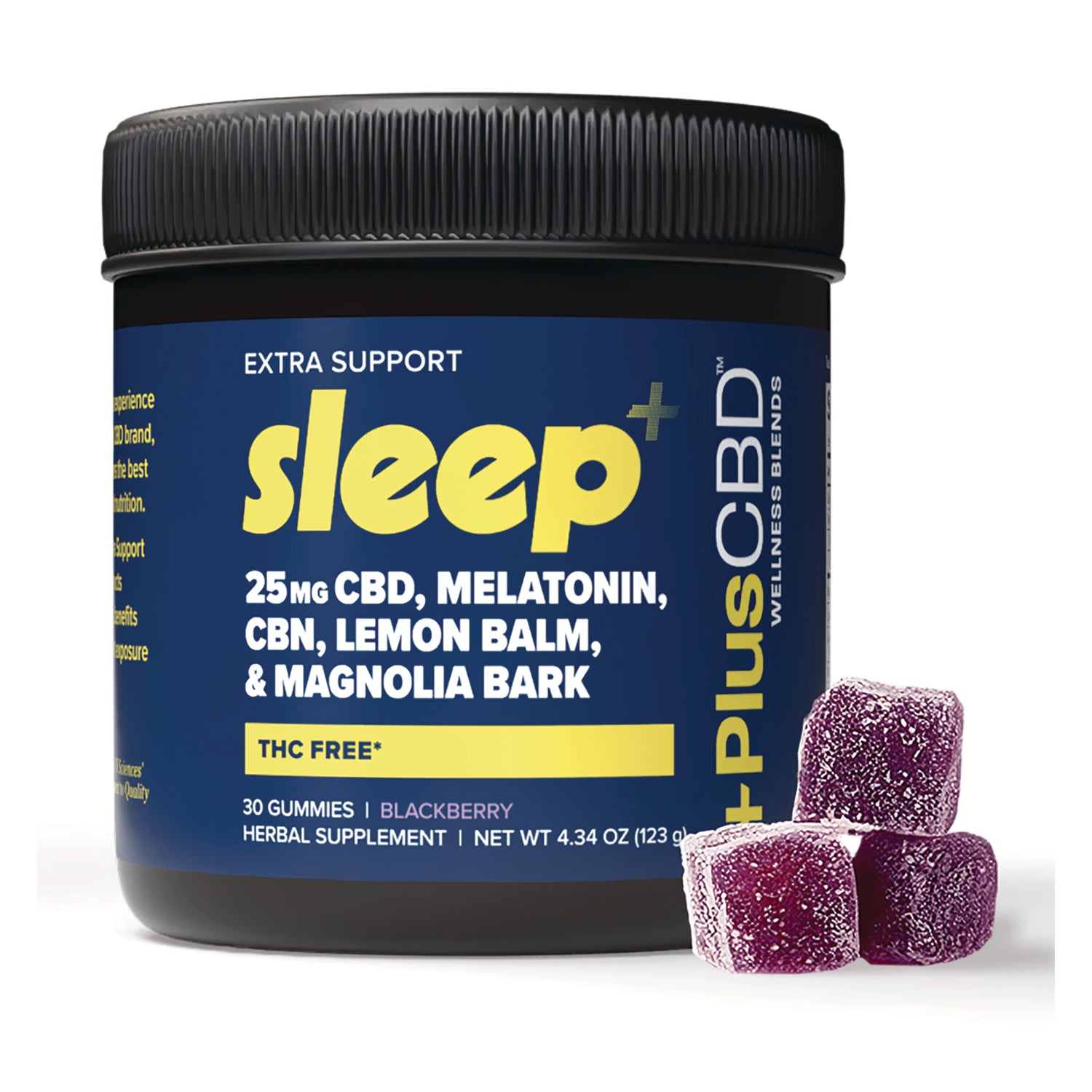 CV055 | blue jar labeled sleep 25mg CBD, melatonin, CBN, lemon balm & magnolia bark with three purple sugar-coated gummies