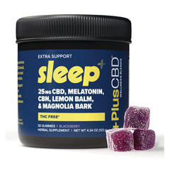 CV055 | blue jar labeled sleep 25mg CBD, melatonin, CBN, lemon balm & magnolia bark with three purple sugar-coated gummies