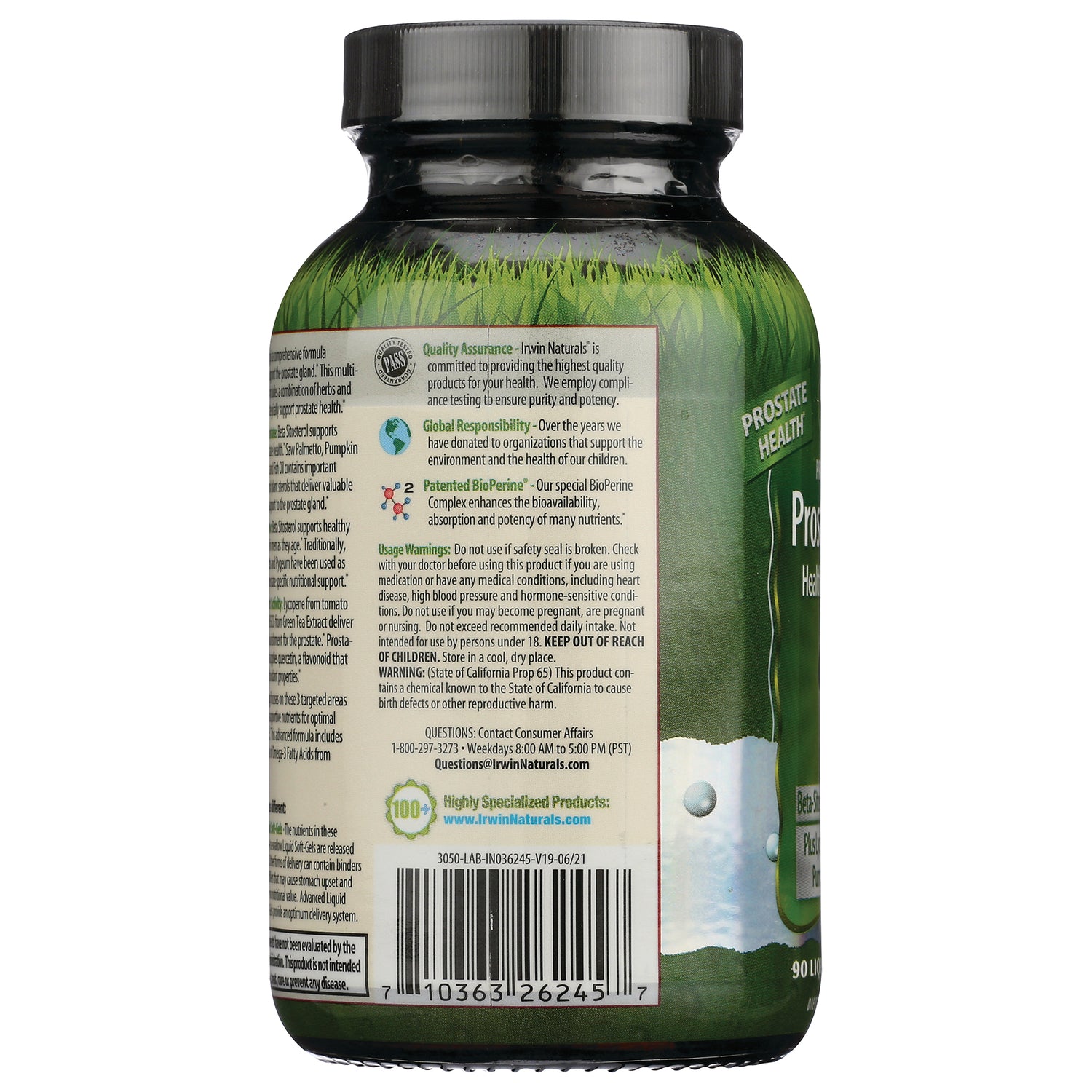 IR071 | back label of green supplement bottle showing product information, warnings, and barcode