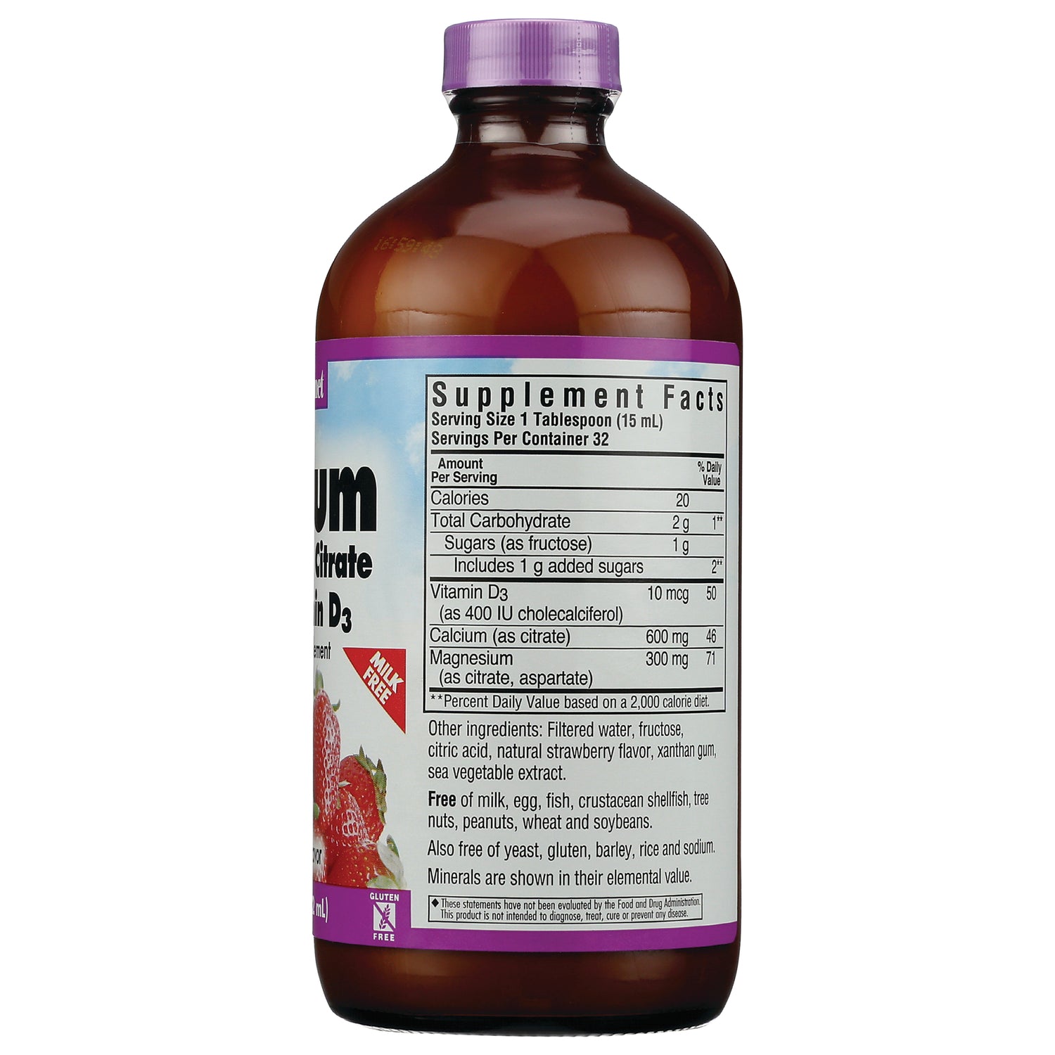 BLU093 | back of brown supplement bottle showing Supplement Facts panel, ingredient text, and strawberry graphic