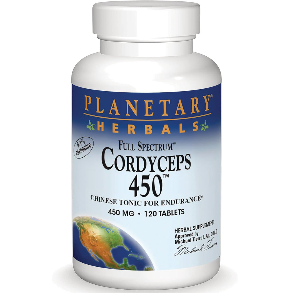 PF153 | Planetary Herbals Cordyceps 450 supplement bottle front label reading 450 mg 120 tablets - Thumbnail