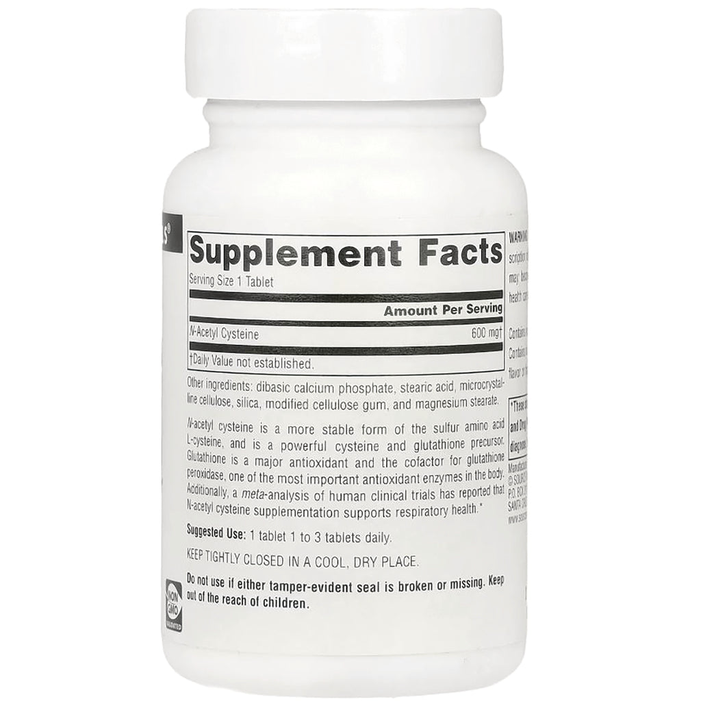 SN877 | Back label with Supplement Facts, serving size 1 tablet, N-Acetyl Cysteine 600 mg - Thumbnail