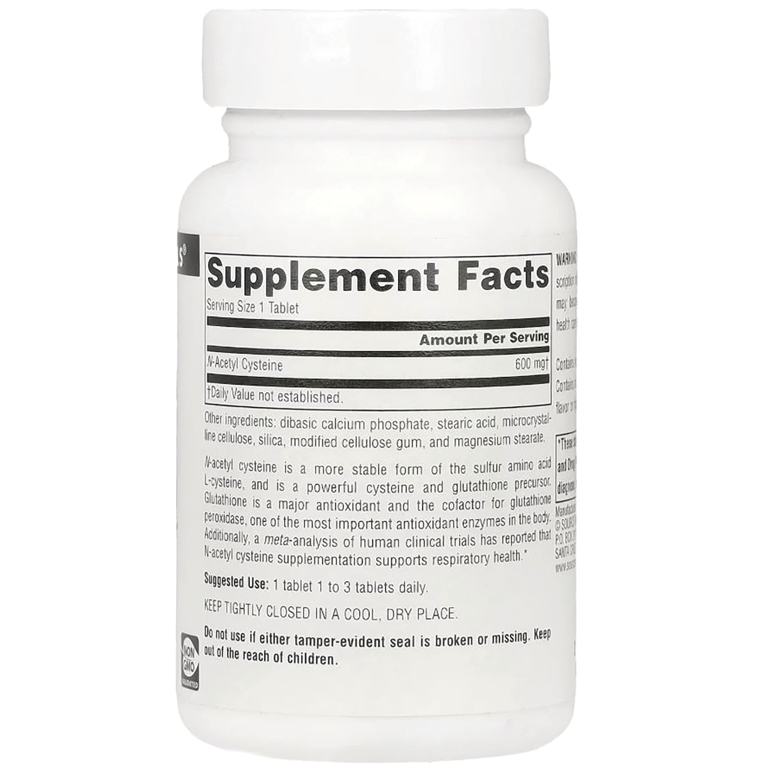 SN877 | Back label with Supplement Facts, serving size 1 tablet, N-Acetyl Cysteine 600 mg