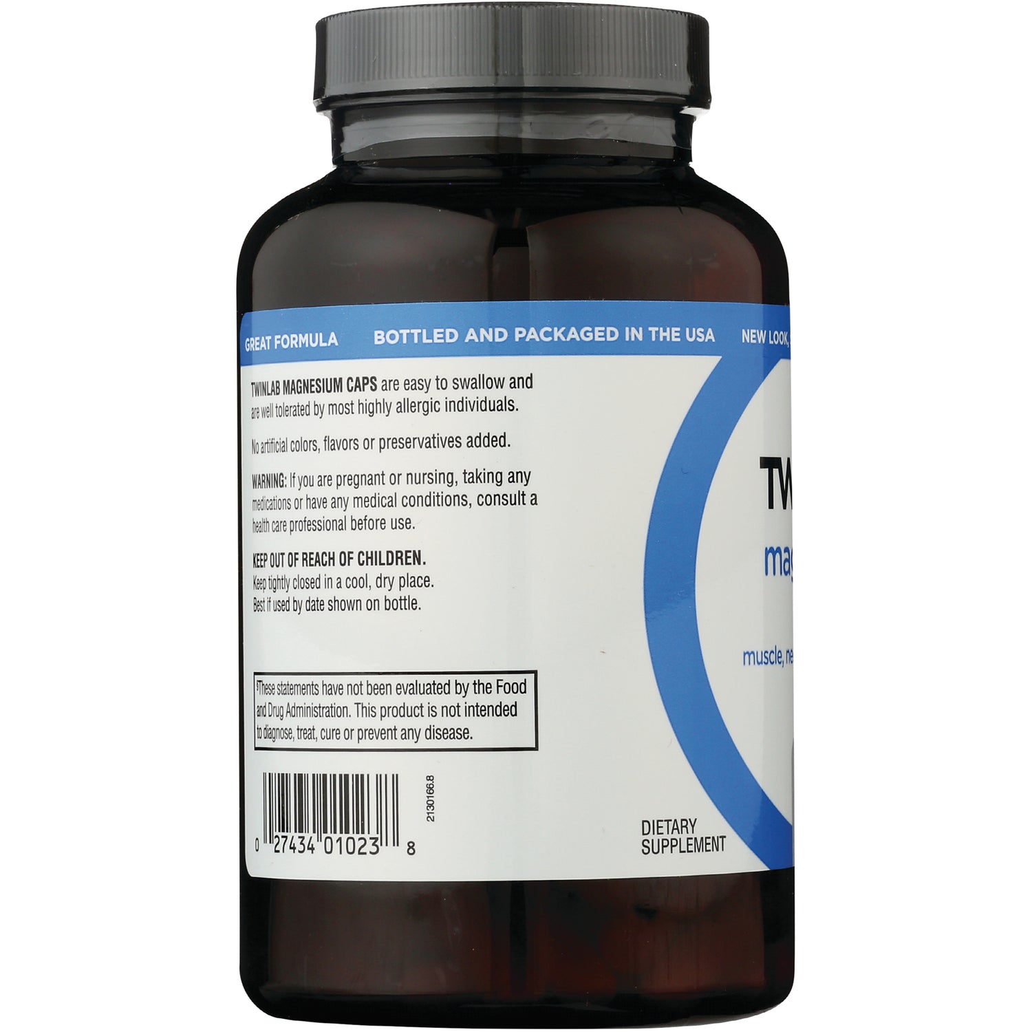 TL675 | Back label of Twinlab Magnesium Caps dietary supplement bottle with warnings and barcode