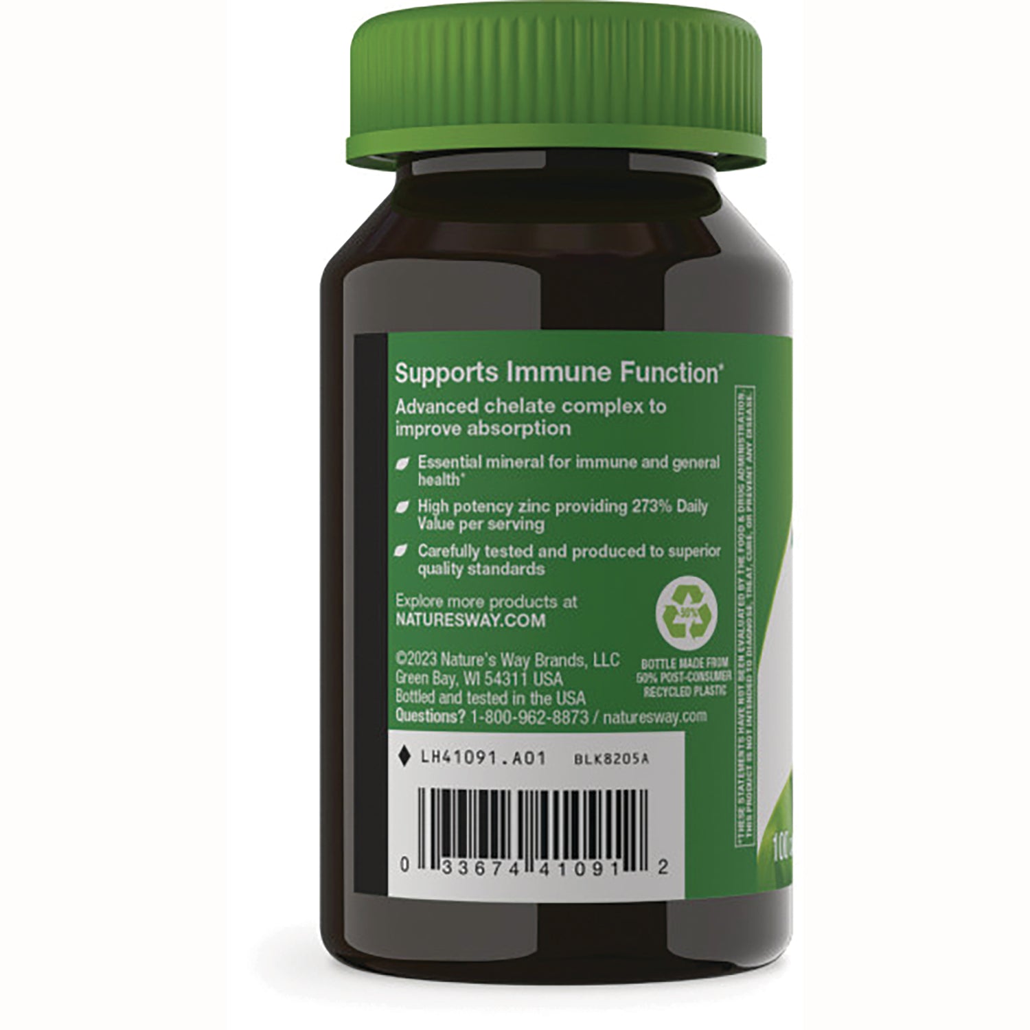 NW364 | back label of brown supplement bottle showing Supports Immune Function header, benefits, recycling icon and barcode