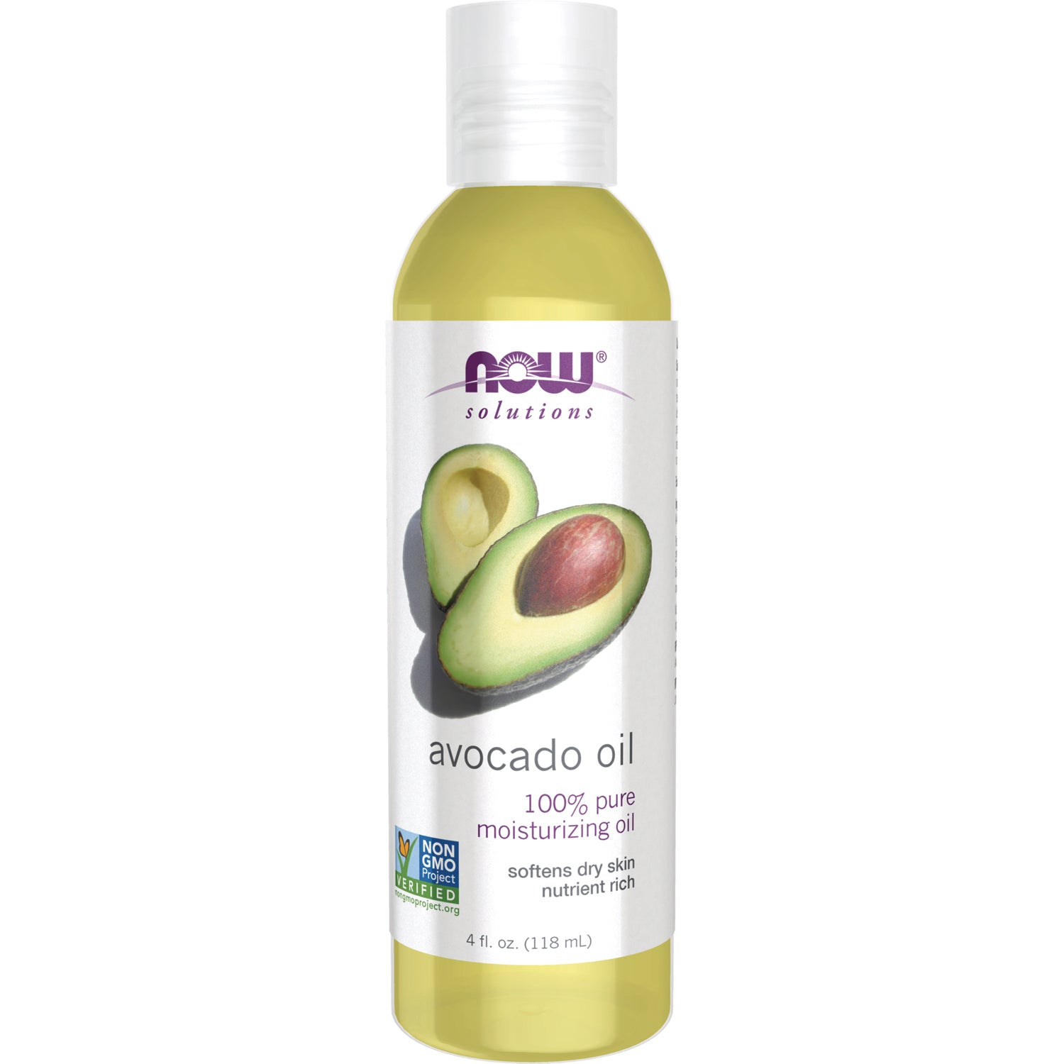NWF284 | NOW Solutions avocado oil bottle with avocado illustration and label showing 4 fl oz
