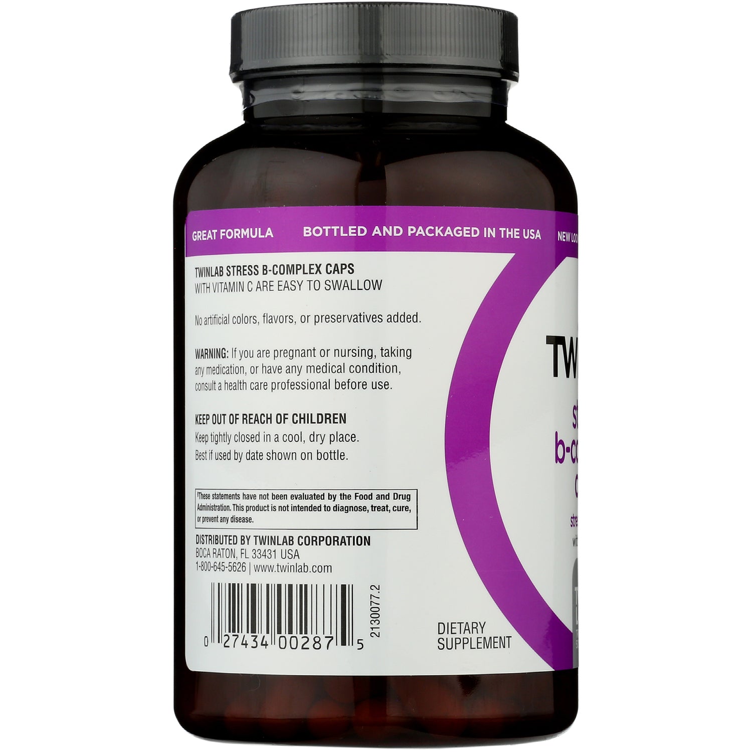 TL133 | Back label of Twinlab Stress B-Complex Caps with Vitamin C bottle with warnings and barcode