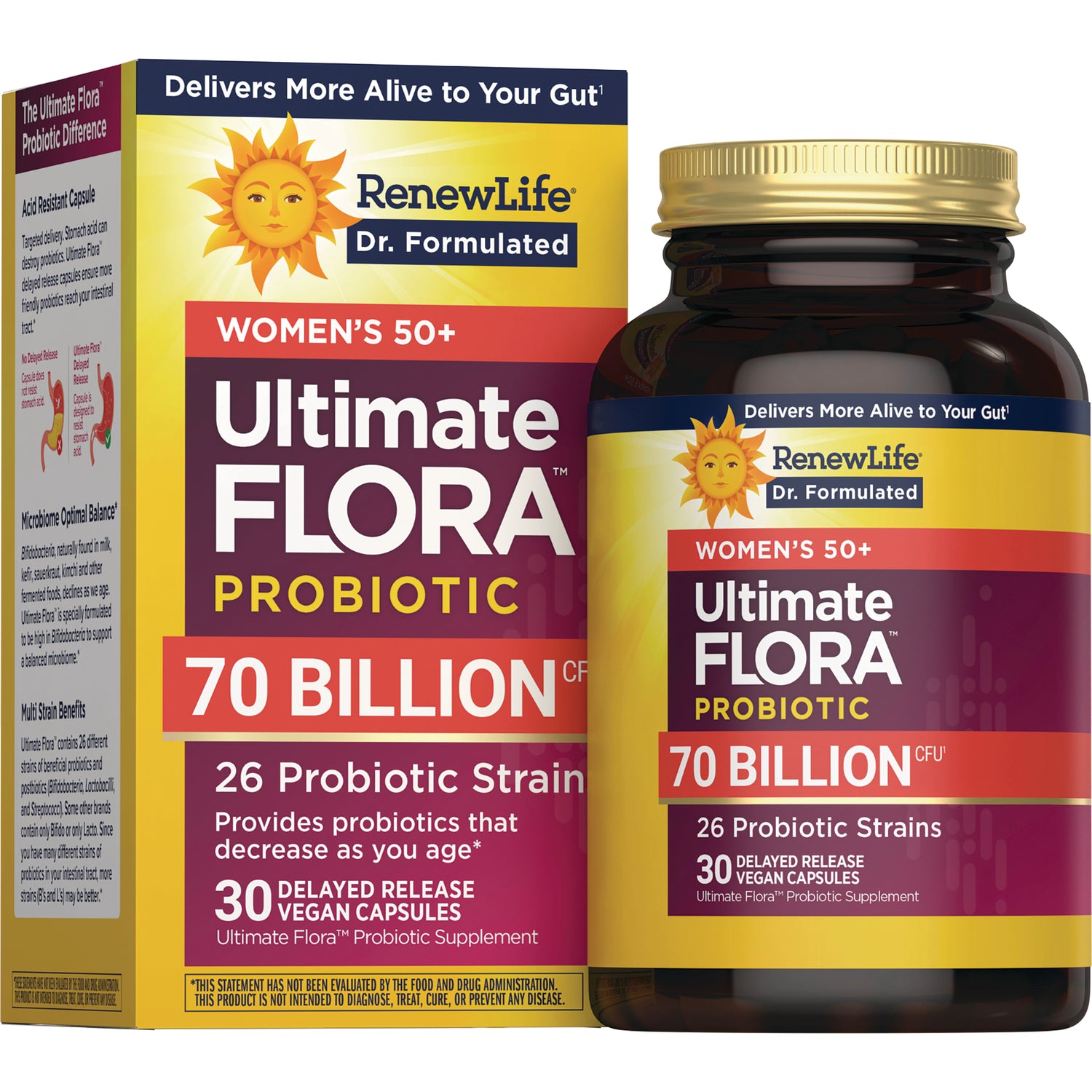 RNL257 | RenewLife Ultimate Flora probiotic bottle and box, Women's 50+, 70 billion CFU, 30 delayed-release vegan capsules