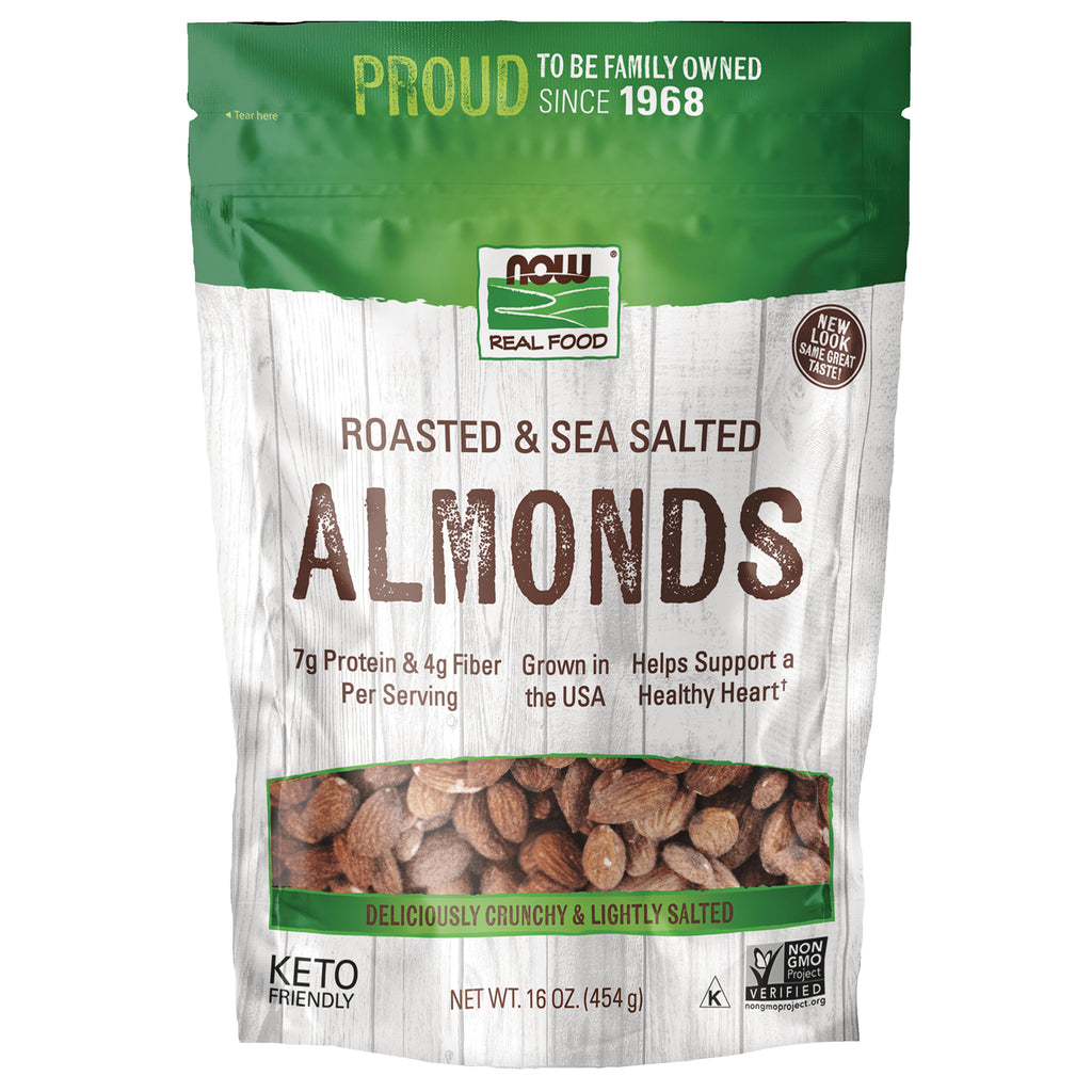 NWF1417 | NOW Real Food roasted and sea salted almonds front pouch with clear window, 16 oz - Thumbnail