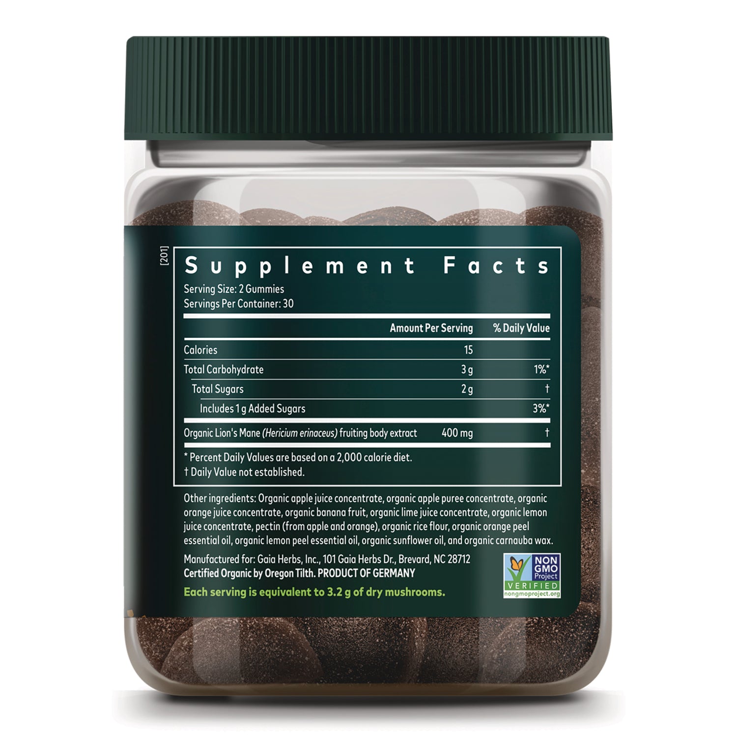 GH177 | back label showing Supplement Facts panel and ingredients for organic Lion's Mane gummies