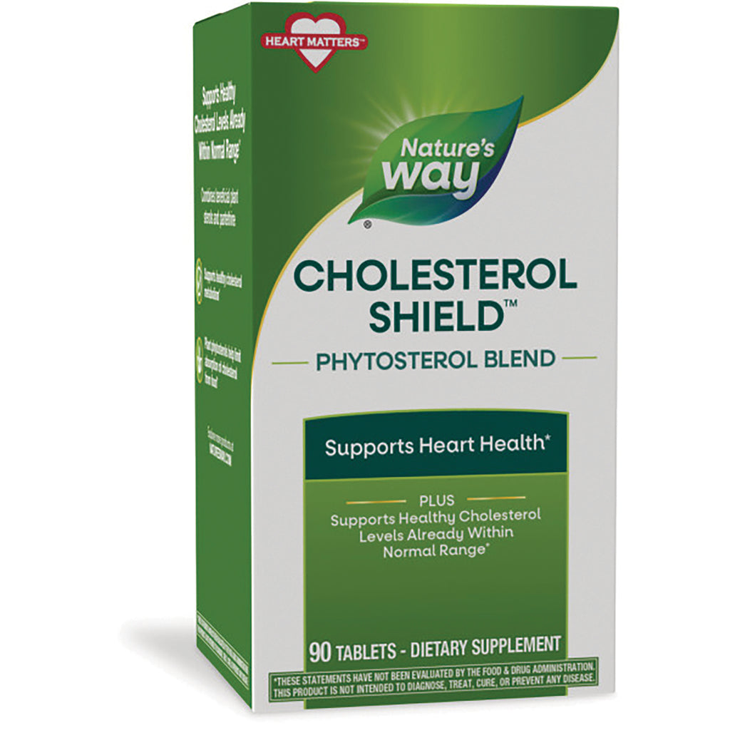 Nature's Way Cholesterol Shield phytosterol blend box front panel reading Supports Heart Health and 90 tablets dietary supplement - Thumbnail