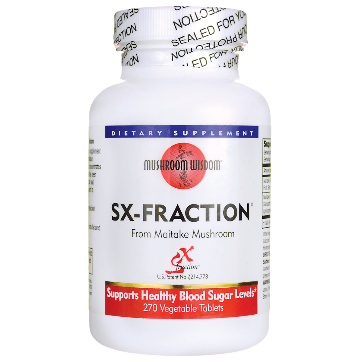 MSH028 | Bottle of SX-FRACTION dietary supplement from Mushroom Wisdom, supports healthy blood sugar levels, 270 vegetable tablets