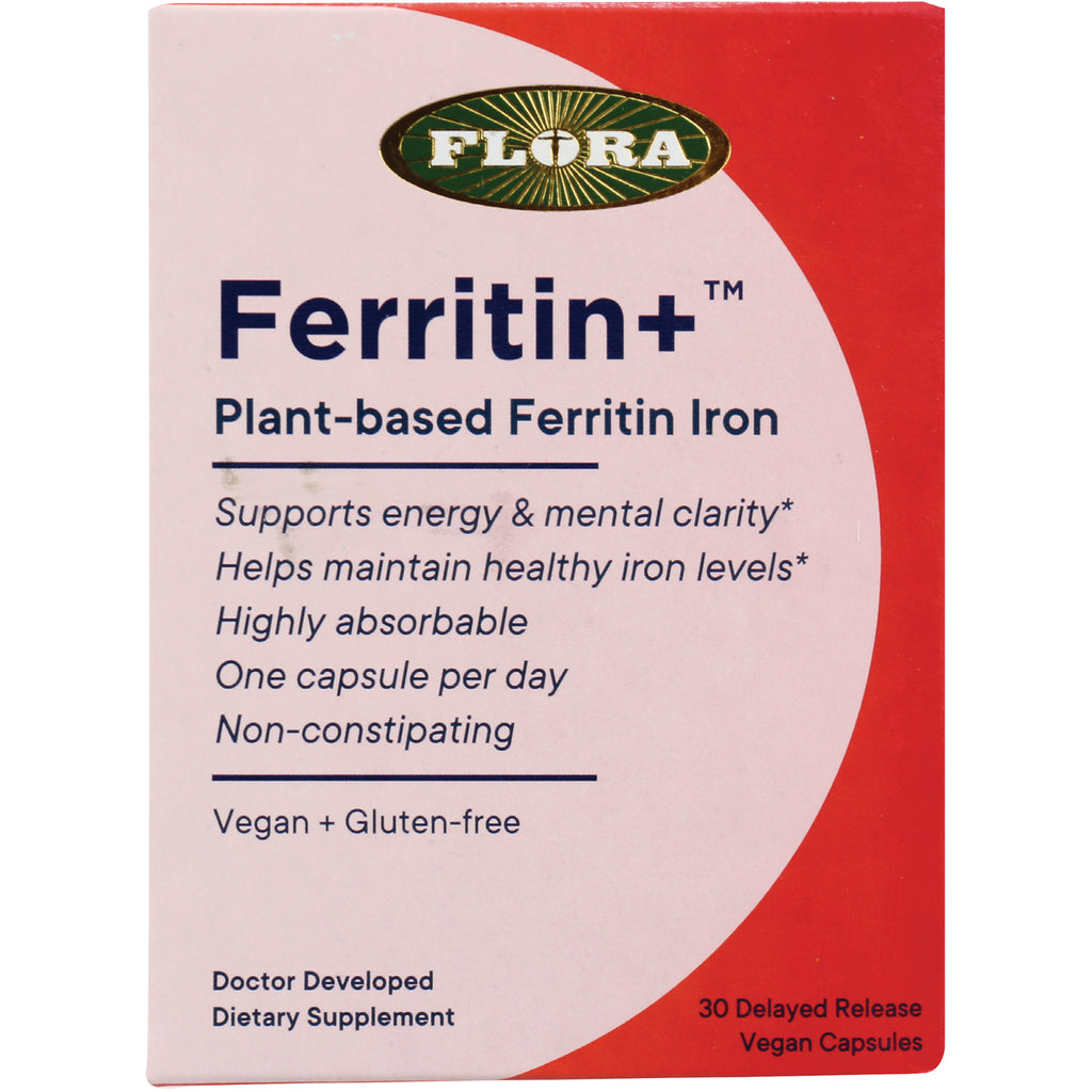 FL105 | Flora Ferritin+ plant-based ferritin iron supplement box front showing product name and claims One capsule per day Vegan + Gluten-free - Thumbnail