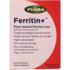 FL105 | Flora Ferritin+ plant-based ferritin iron supplement box front showing product name and claims One capsule per day Vegan + Gluten-free