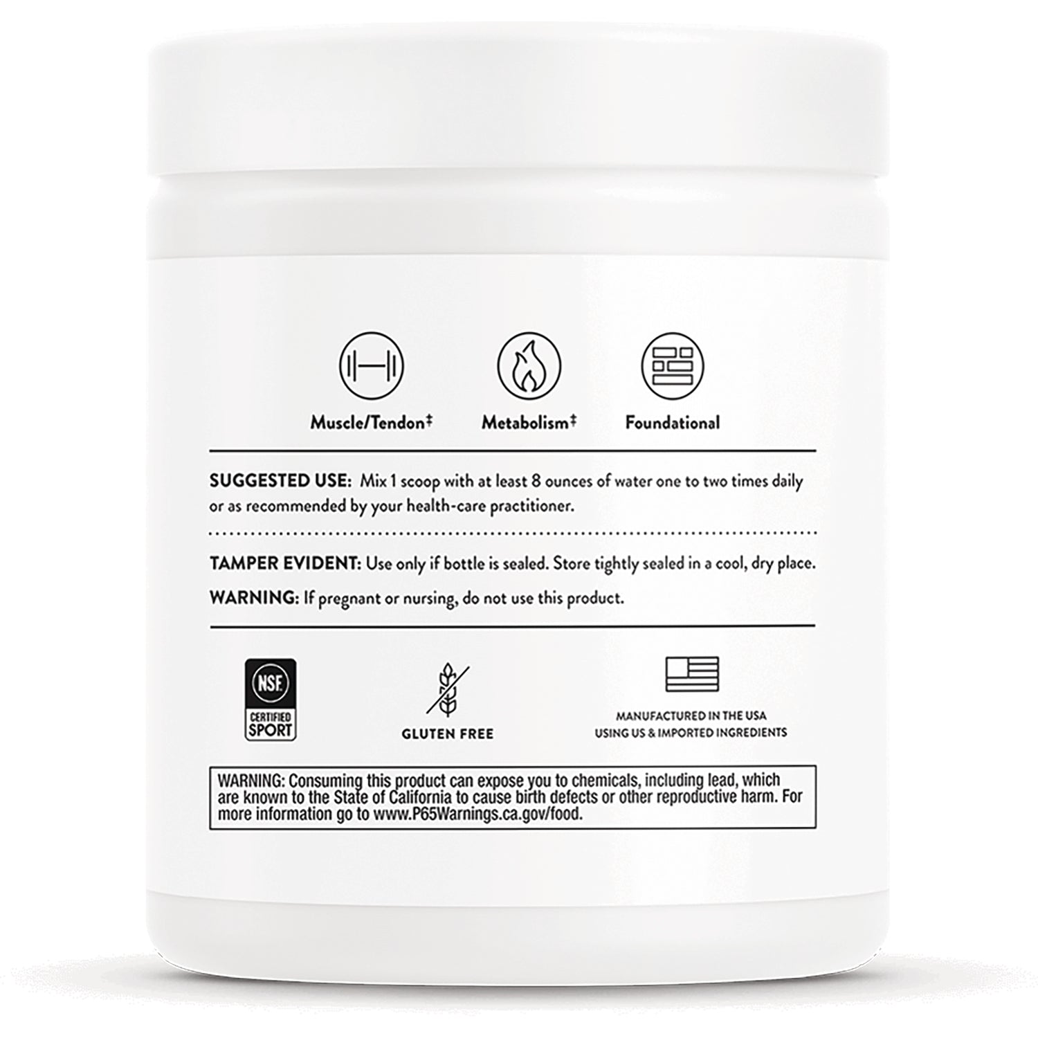 TRN004 | Back label with icons: Muscle/Tendon, Metabolism, Foundational; Suggested Use, Tamper Evident, Gluten Free, Prop 65 warning