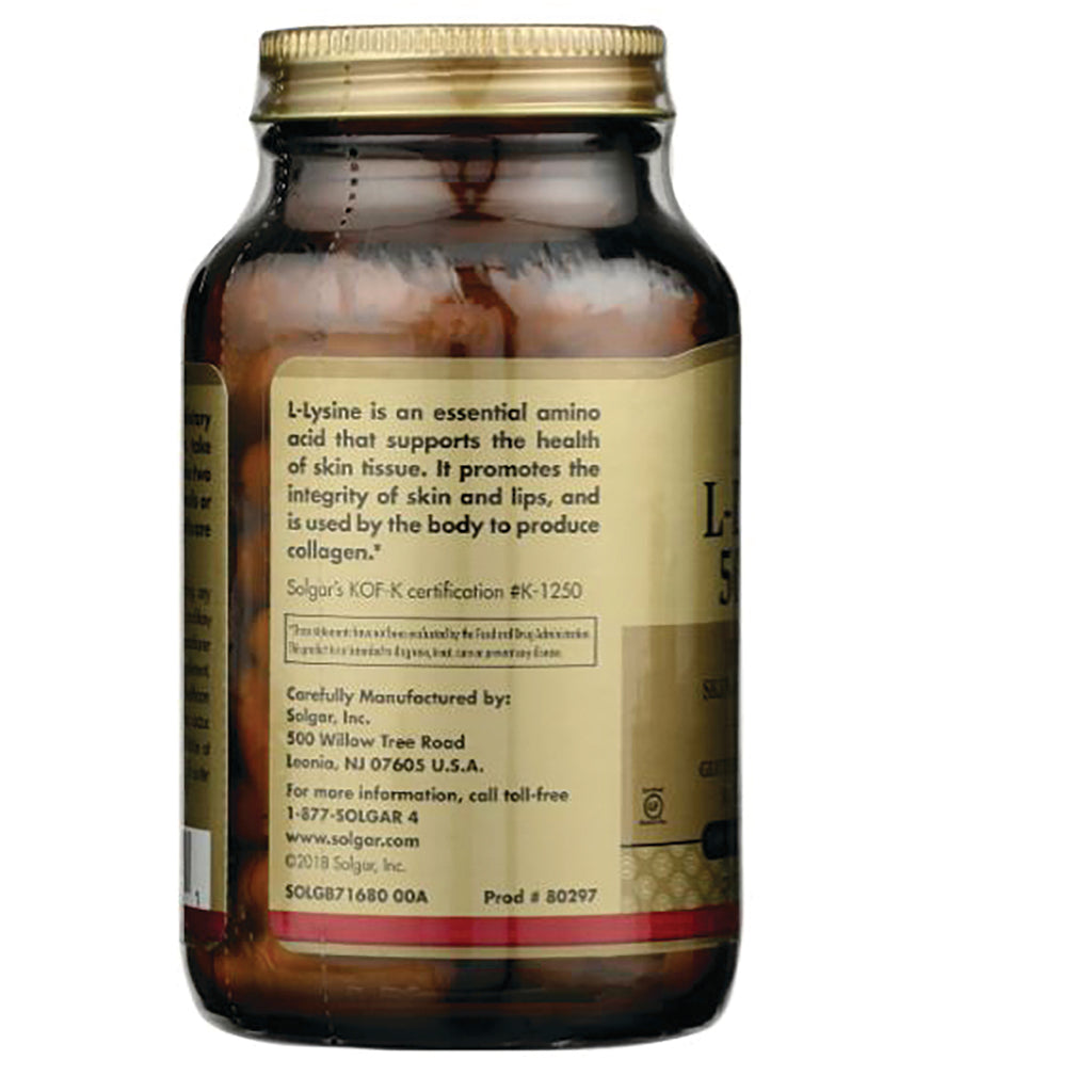 SLG231 | Back label of amber supplement bottle reading L-Lysine with benefits, manufacturer and contact info - Thumbnail
