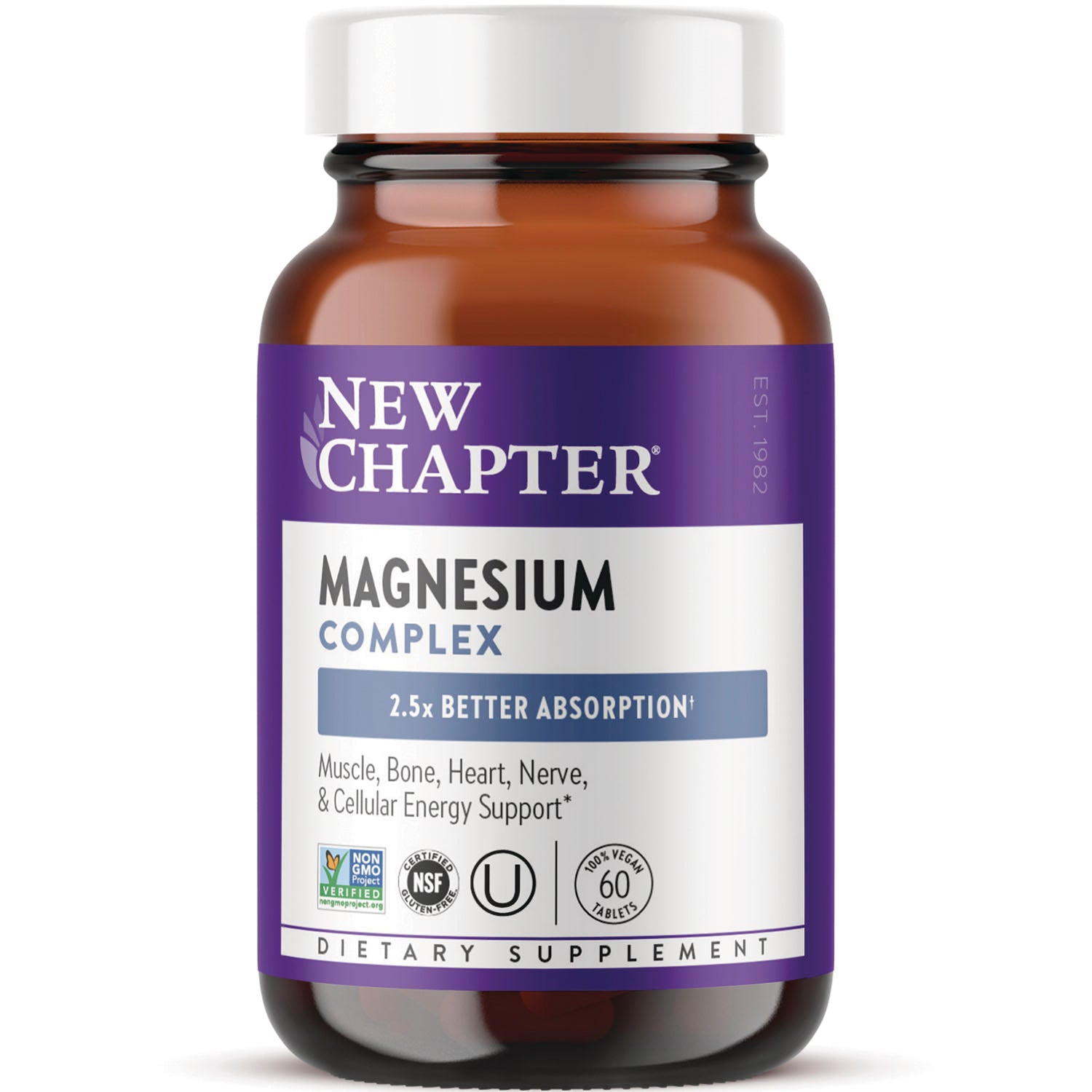 NWC392 | New Chapter Magnesium Complex brown bottle with purple label showing 2.5x better absorption and 60 tablets