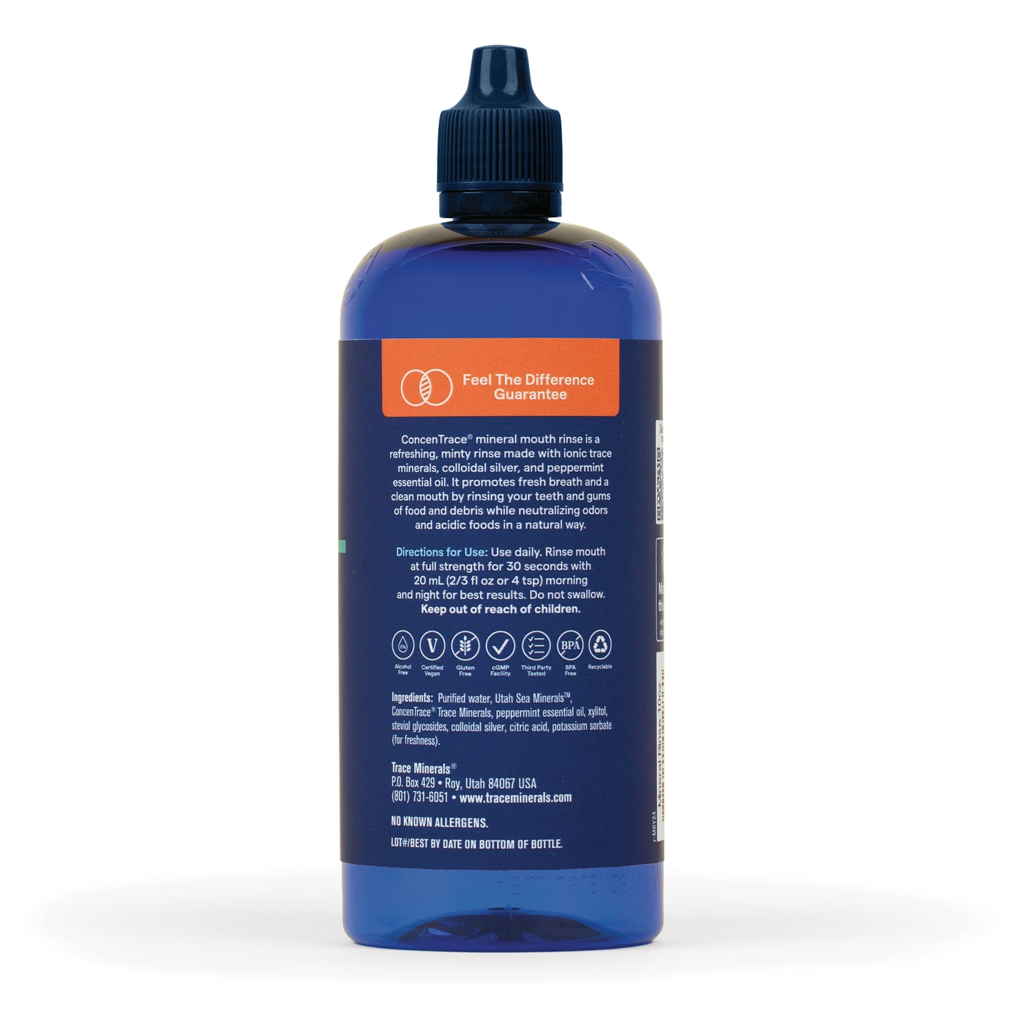 TM061 | Back label of mineral mouth rinse bottle with directions, ingredients, and Feel The Difference Guarantee