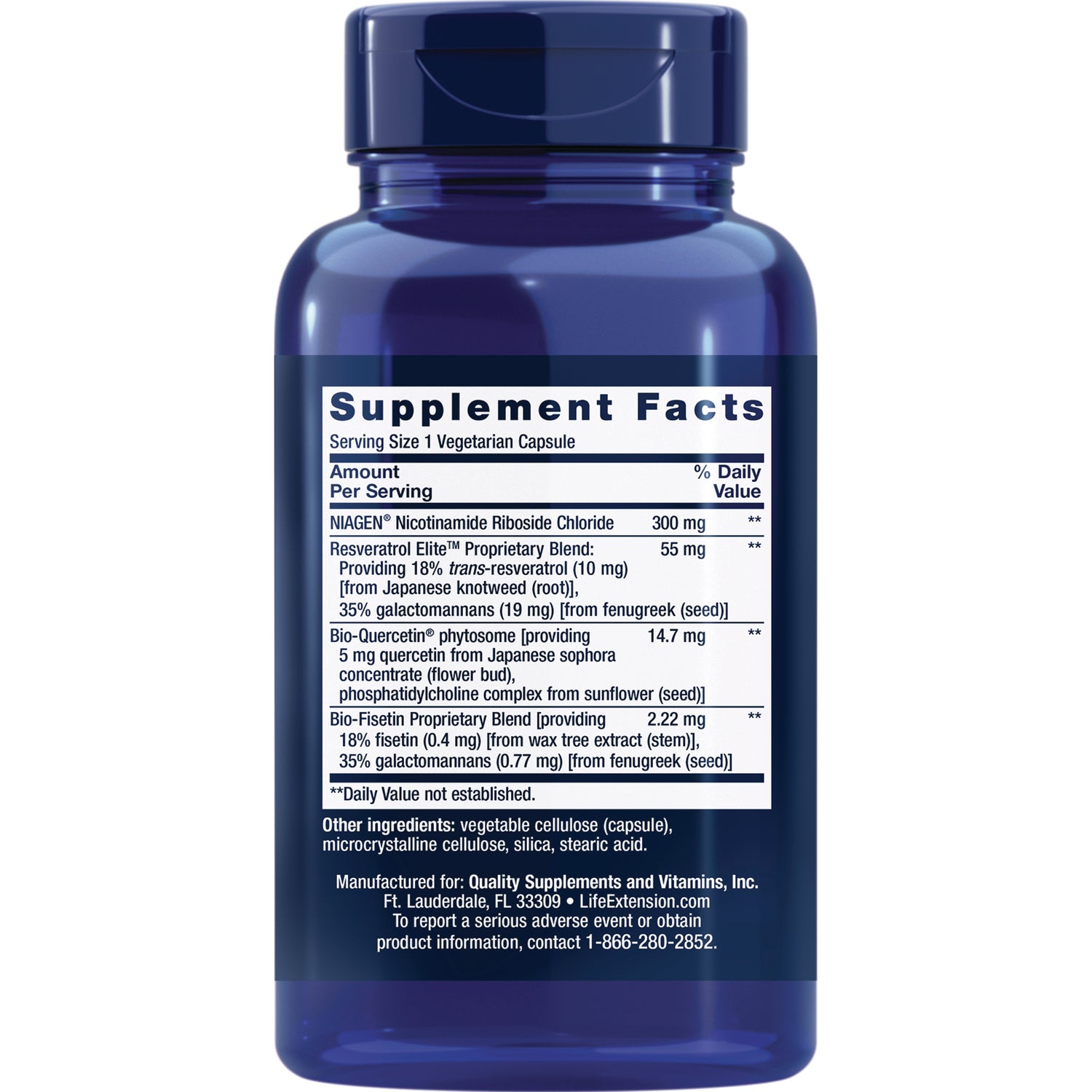LE491 | supplement facts label and ingredient panel on back of blue supplement bottle